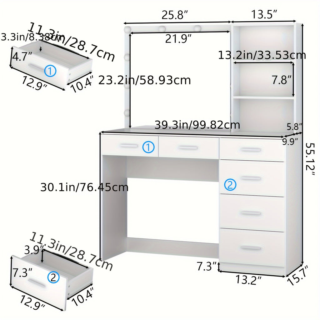 Vanity Desk with Lights, 6-Drawers Makeup Vanity Table with  Socket Outlet and Storage Shelves, Dressing Table with Lighted Mirror for Women Girls