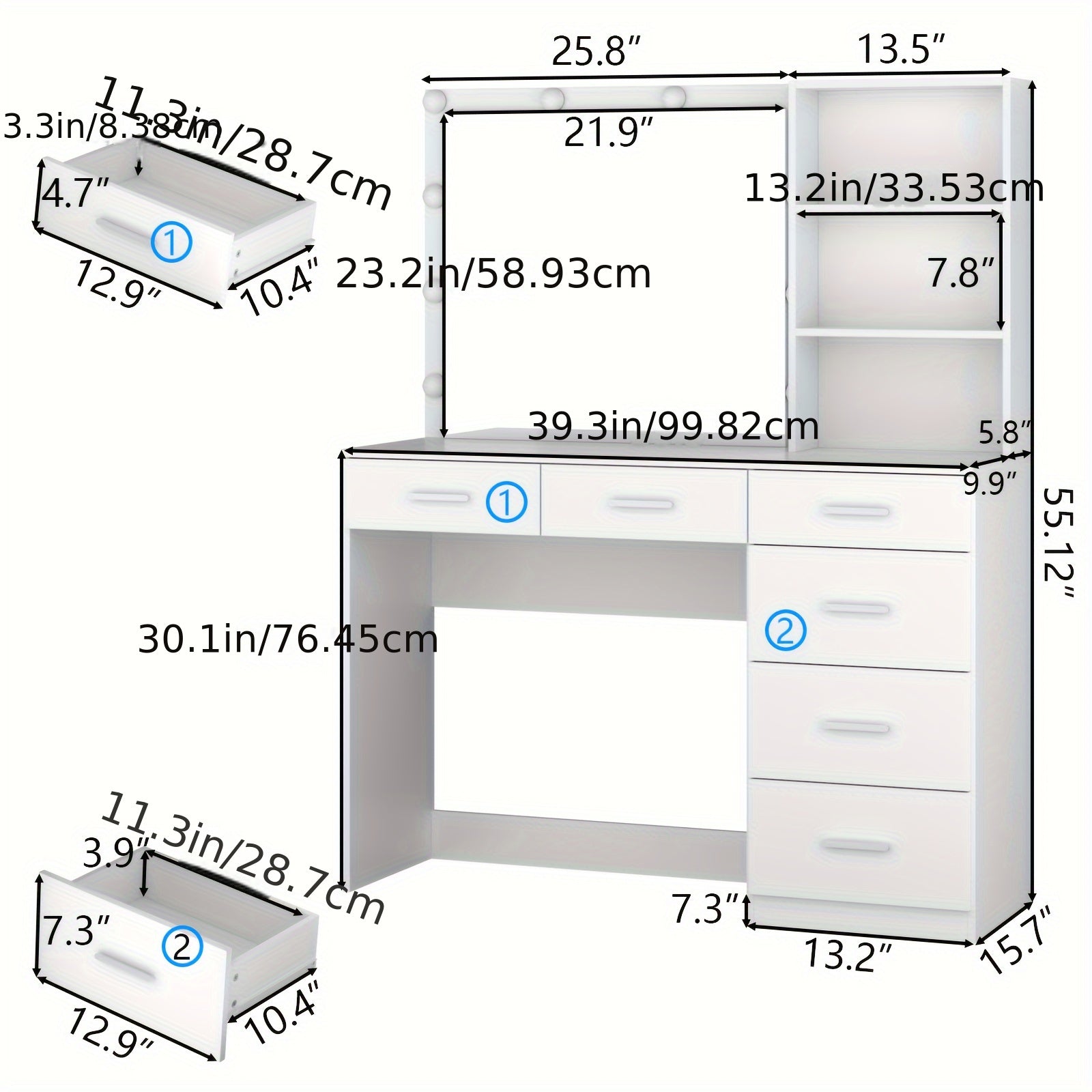 Vanity Desk with Lights, 6-Drawers Makeup Vanity Table with  Socket Outlet and Storage Shelves, Dressing Table with Lighted Mirror for Women Girls