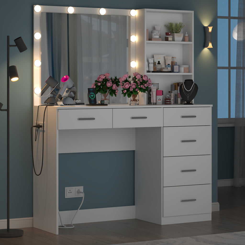 Vanity Desk with Lights, 6-Drawers Makeup Vanity Table with  Socket Outlet and Storage Shelves, Dressing Table with Lighted Mirror for Women Girls