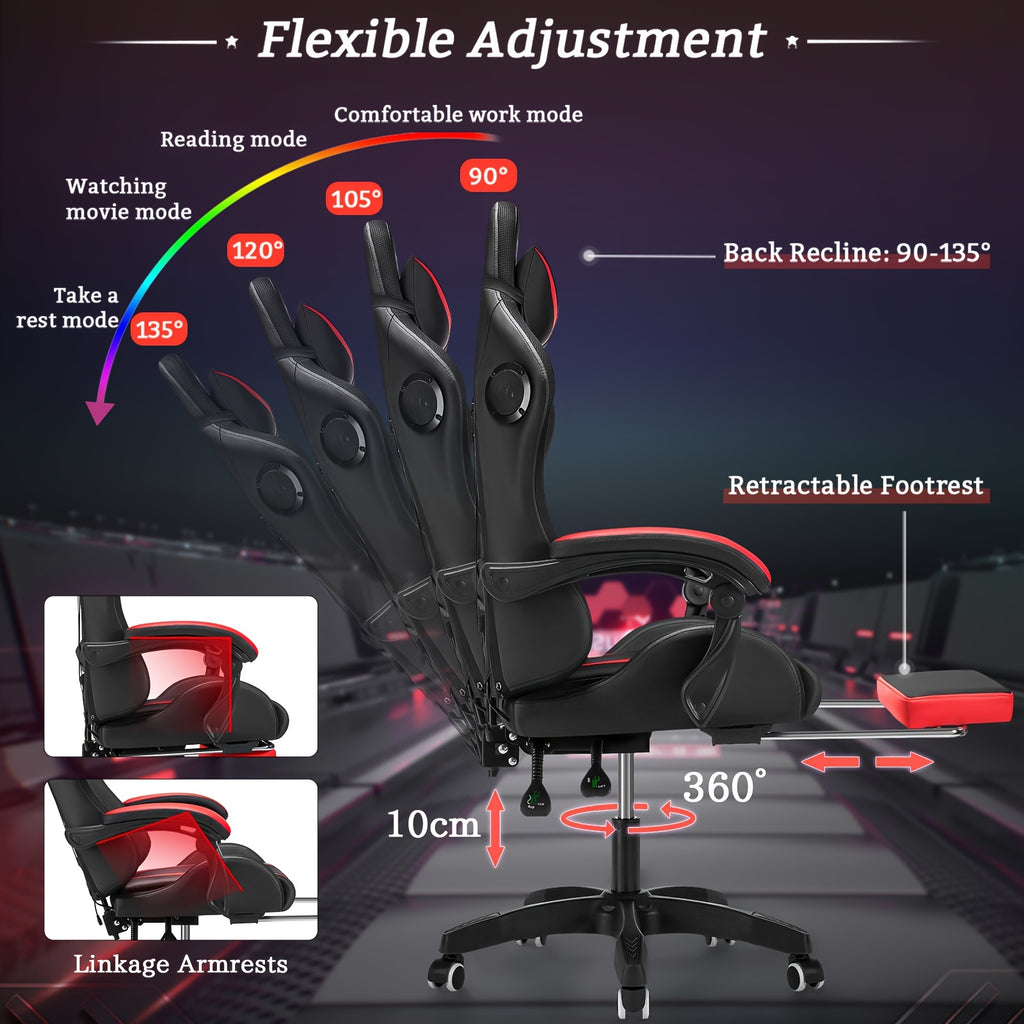 HOFFREE 2 Point Massage Lumbar Support 135° LED Light Bar Wireless Speaker - Ergonomic Gaming Chair With USB-Powered, Sponge-Filling, Rotating Back & Cushioned Seat For PC, Laptop, Gaming Setup, Wireless Gaming Chair, Comfor