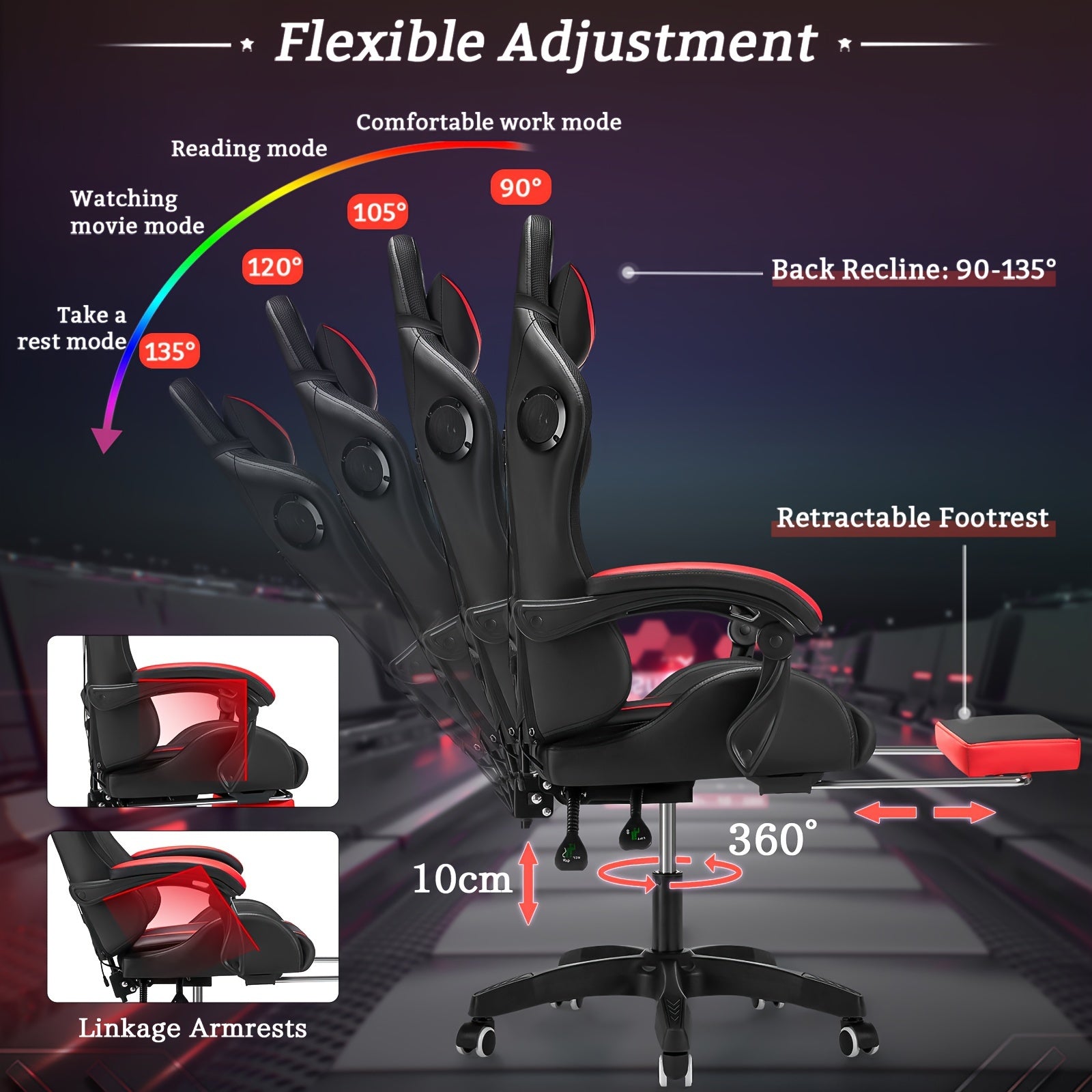 HOFFREE 2 Point Massage Lumbar Support 135° LED Light Bar Wireless Speaker - Ergonomic Gaming Chair With USB-Powered, Sponge-Filling, Rotating Back & Cushioned Seat For PC, Laptop, Gaming Setup, Wireless Gaming Chair, Comfor