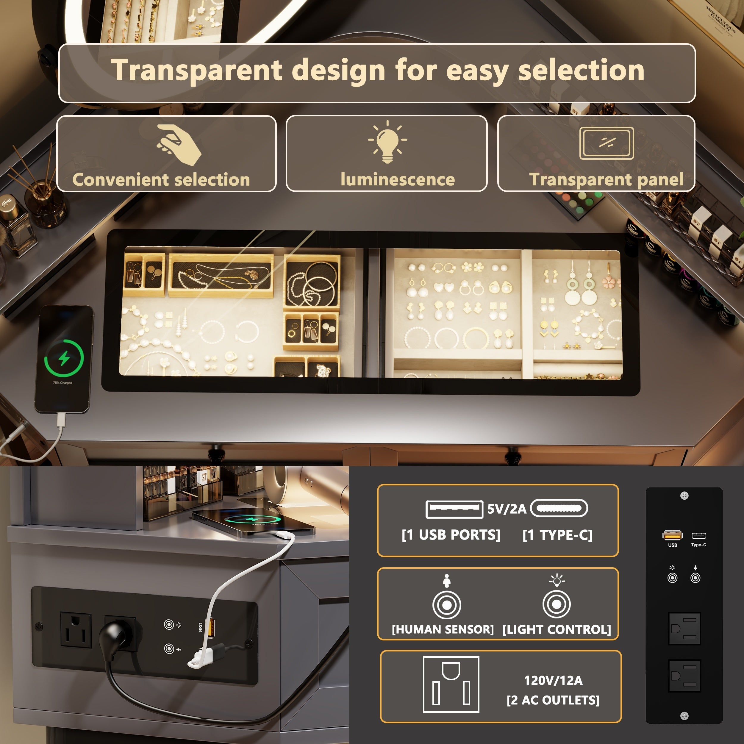 [Corner Vanity With Mirror Lights] FREDEES Corner Vanity With Mirror And Lights, Modern Makeup Vanity Set With Charging Station For Bedroom/Cloakroom, Glass Top Vanity Table With Drawers And Shelves, Grey