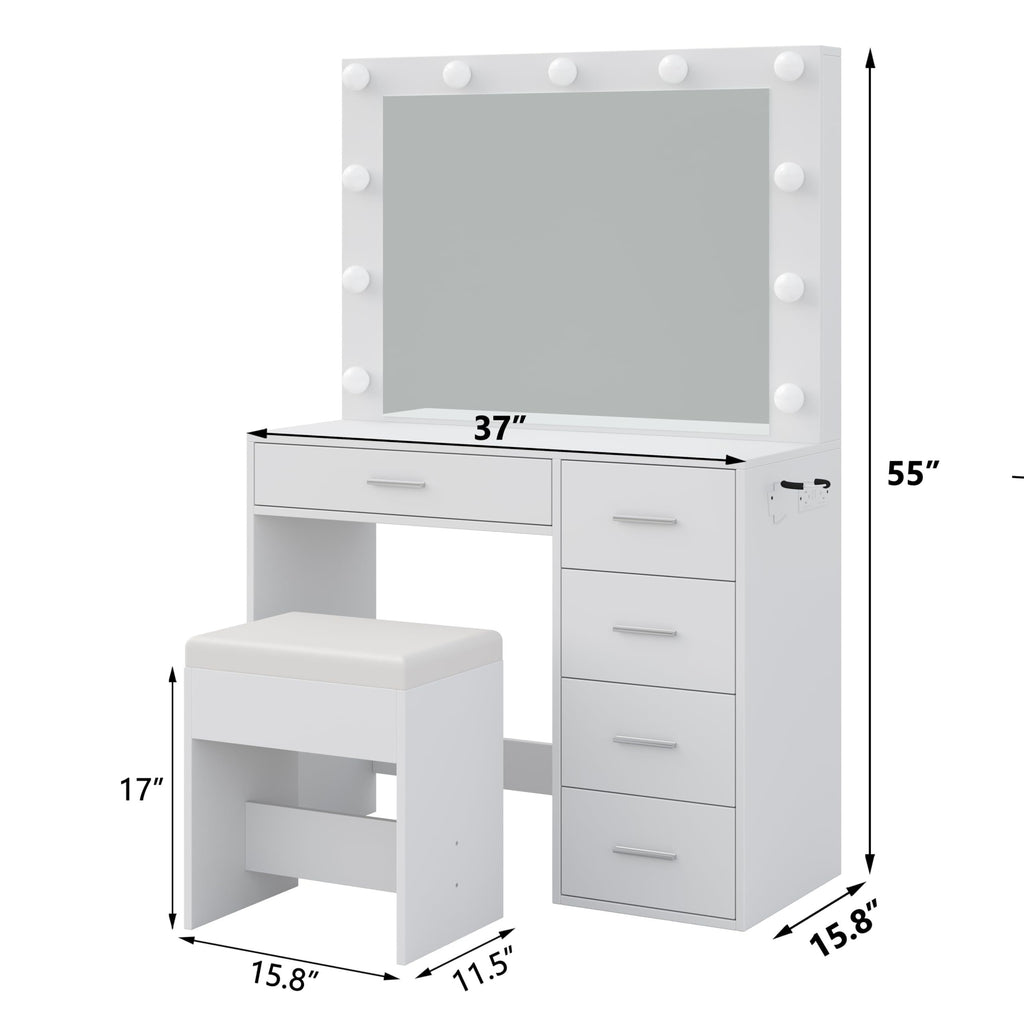 1 Set 5 Drawers with 11 LED Lights Makeup Vanity Table Set with Chair, White Vanity Table With Lighted Mirror, Makeup Desk Dressing Table With Storage Drawers And Cushioned Stool For Bedroom, Vanity Set 3 Lighting Modes Brigh