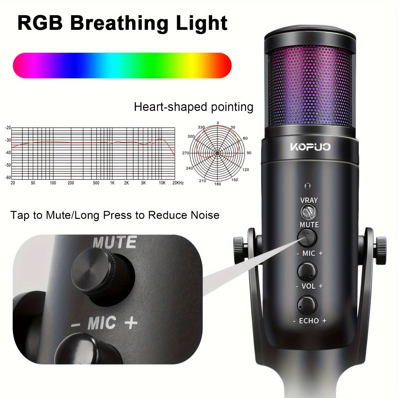 RGB USB Gaming/Podcast Computer Microphone, Condenser Desktop Singing PC Mic, Dynamic Heart-Shaped Directional Mics for Radio/Vocal/Voice, for PS4/5, for Mac, for YouTube/Live Streaming/Media/Recording