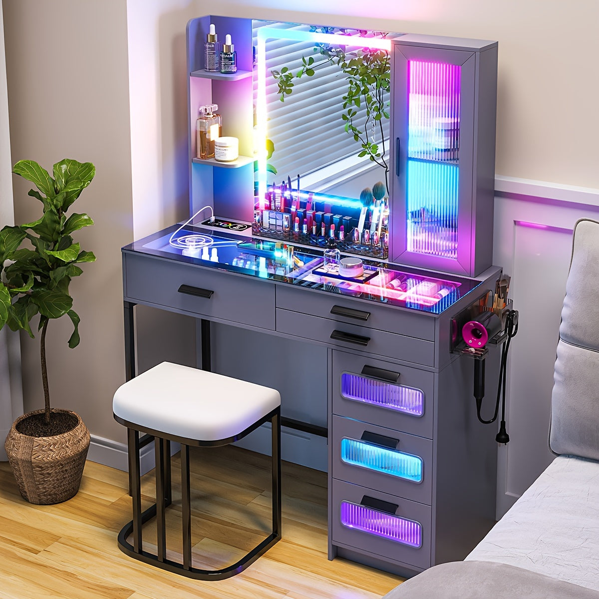 Vanity Desk Set with 6 Drawers and Stool - Makeup Vanity Table with Dazzling RGB Lights, Glass Top, USB/Type-C/Wireless Charging, and Large Mirror - Perfect Gift for Girls and Women, Jewelry and Beauty Enthusiasts