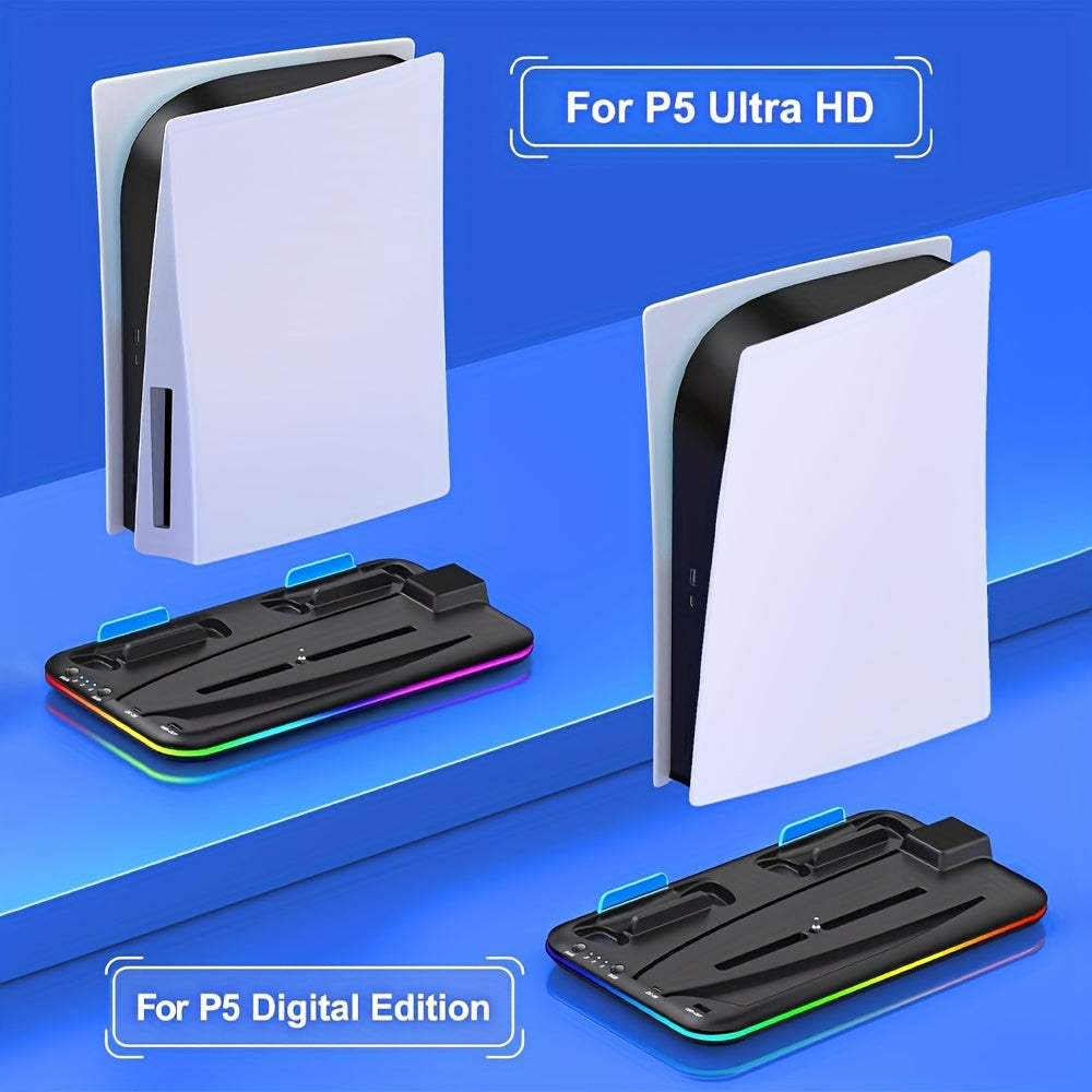 RGB PS5 Cooling Stand & Rapid Charger - High-Performance Fan, Dual Dock, Compatible with Disc & Digital Edition, Complete Set including Headset Stand, 6 Game Slots, Screws & Dust Cover