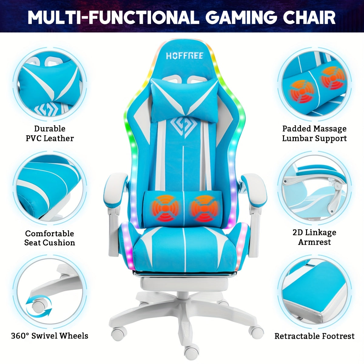 RGB Gaming Chair with LED Lights and Massage Ergonomic Computer Chair High Back Video Game Chair with Footrest and Adjustable Lumbar Support Linkage Armrest