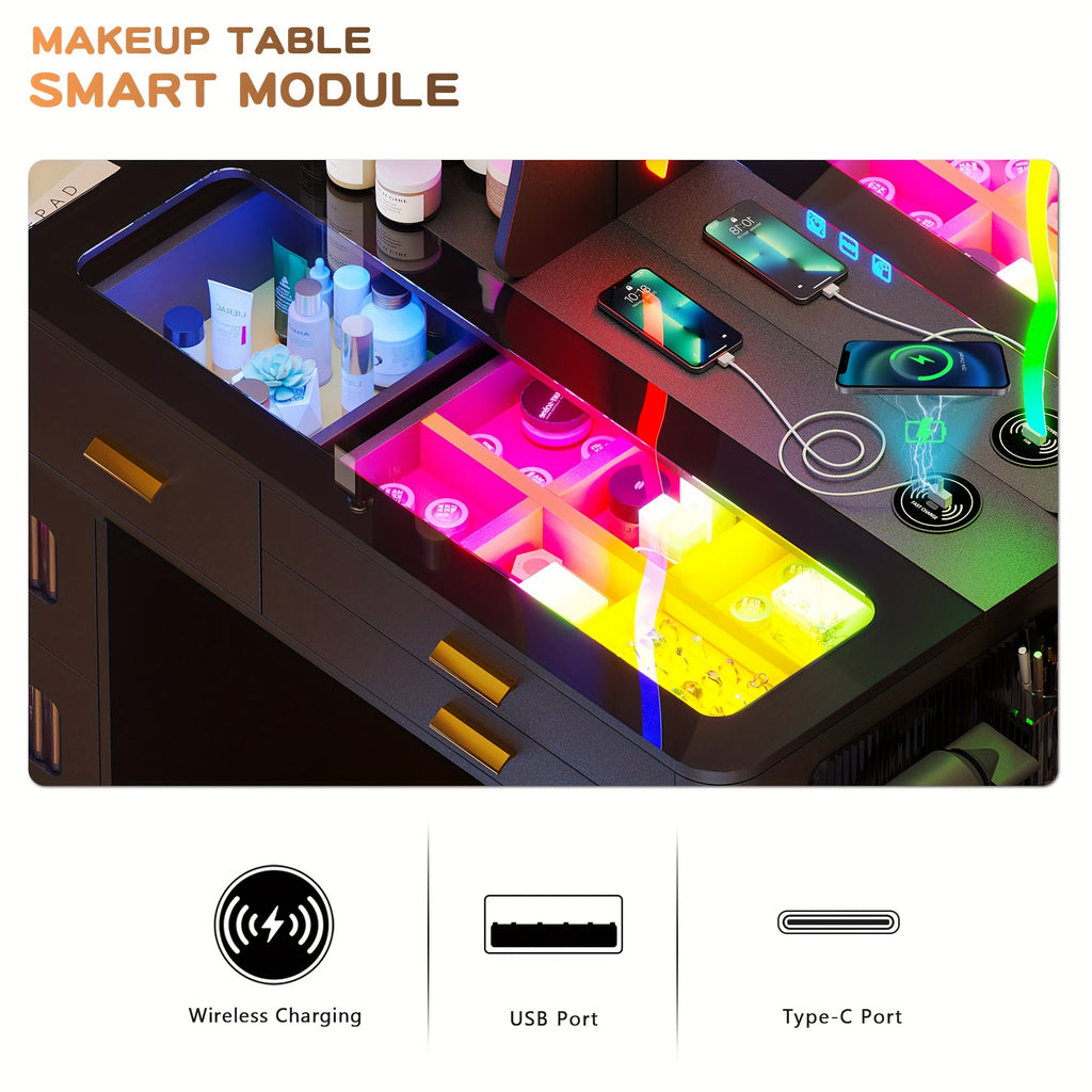 Lvifur RGB Makeup Vanity Desk with Lights, Glass Top Vanity Table with 24 Color Dimmable Lights, Large Vanity Set with 8 Drawers, Dressing Table with Cushioned Stool, Black