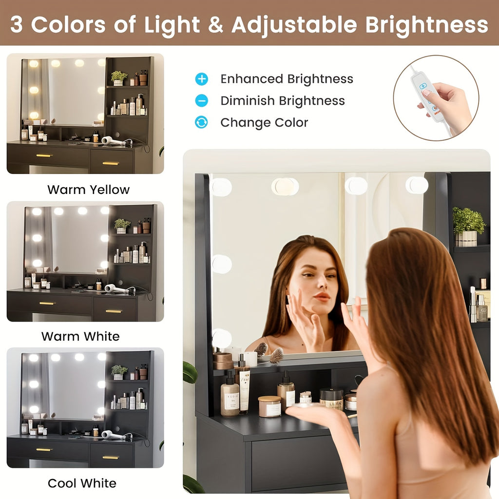 Makeup Vanity Desk with Mirror&5 Drawers, Black Vanity Table with Charging Station and Chair and Storage Shelves for Women Girls