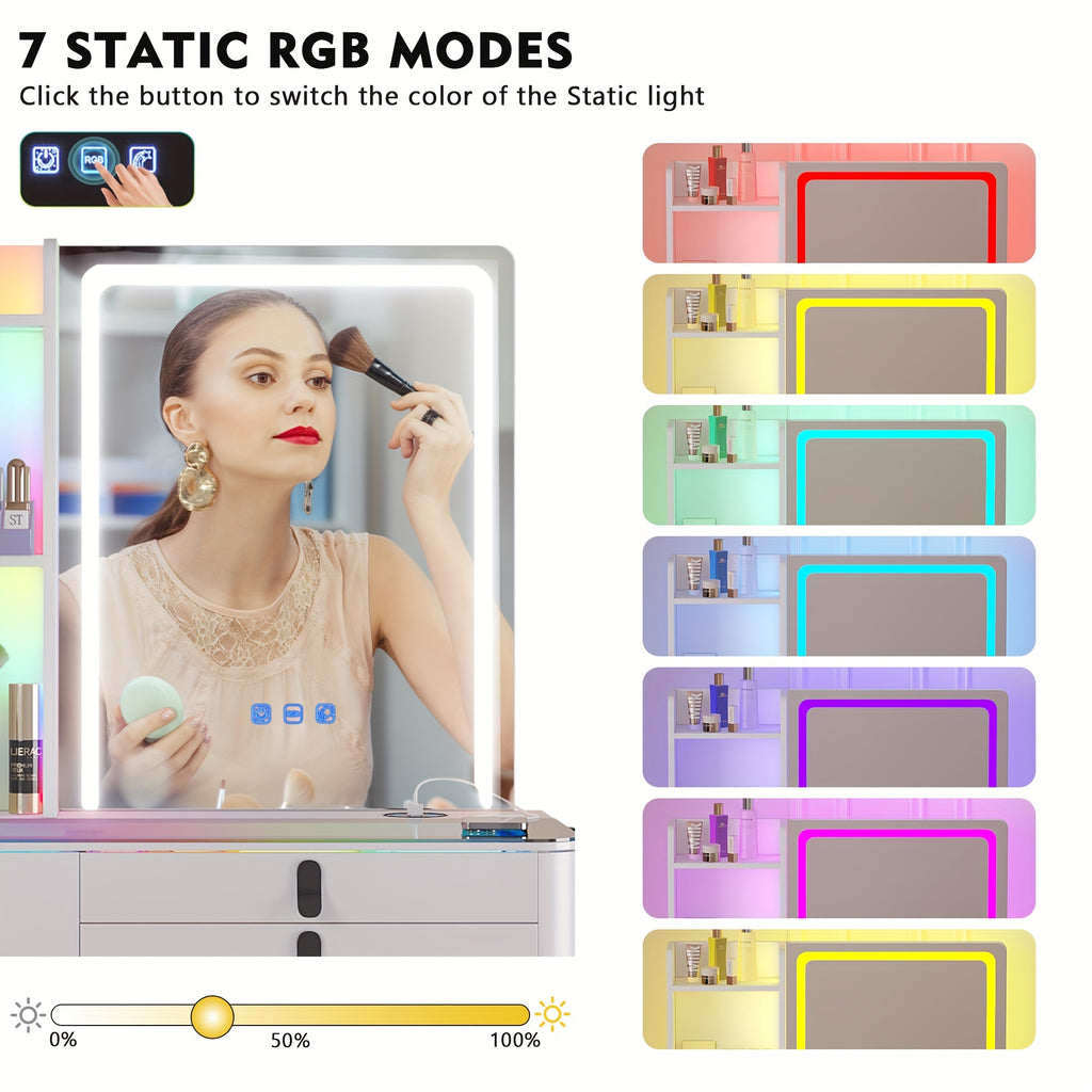 RGB Makeup Vanity Desk with Mirror and Lights, 7 Dynamic&7 Static Dimmable Vanity Table Set with Wireless Charging Station, Make up Vanity with Stool, Glass Top, 3-Tier Shelf, 6 Drawers