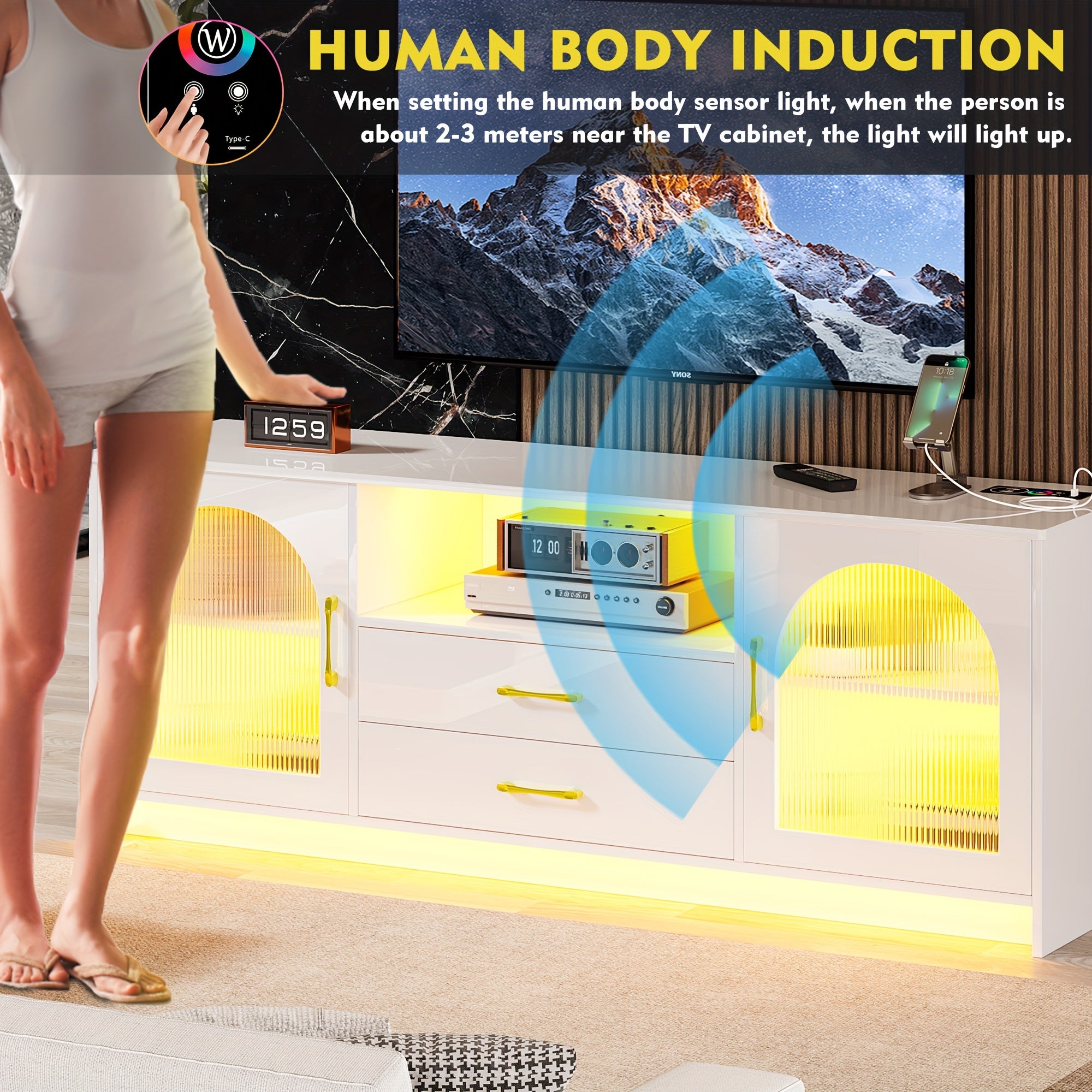 RGB TV Stand with Wireless Charging Station for TVs up to 75 Inch, Human Sensor LED TV Cabinet with USB&Type-C Ports, 24 Color Dimmable Television Stand with Drawers & Storage Cabinet