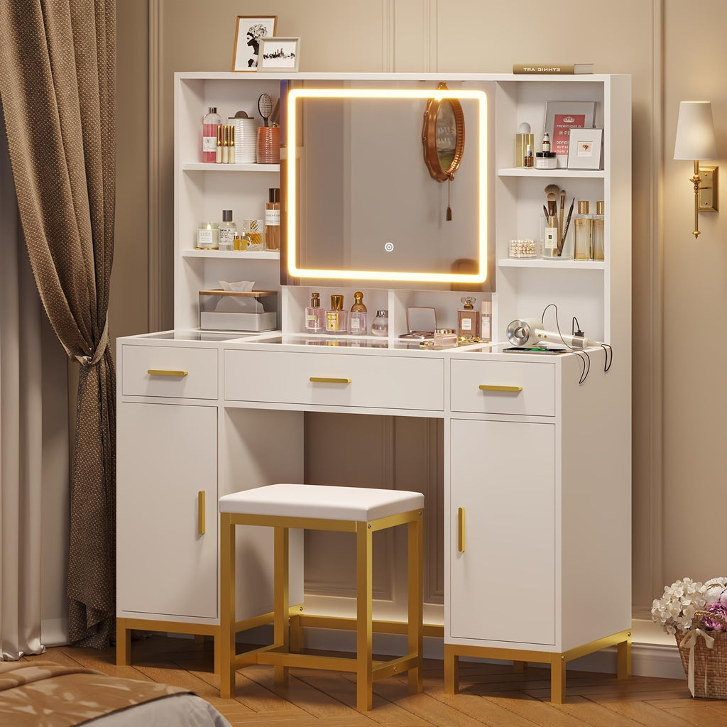 3 Drawers & 2 Cabinets White Vanity Table With Glass Tabletop, Openable Mirror And Lights, Charging Station, DIY Drawer Dividers, Hidden Hooks Makeup Vanity Set