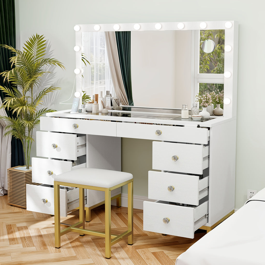 Xelsyo Vanity Table Set with 3 Color Lighted Mirror & 8 Drawers, Modern Makeup Desk with Charging Station & Stool, Makeup Vanity Dressing Table for Bedroom for Women Girls, White & Gold