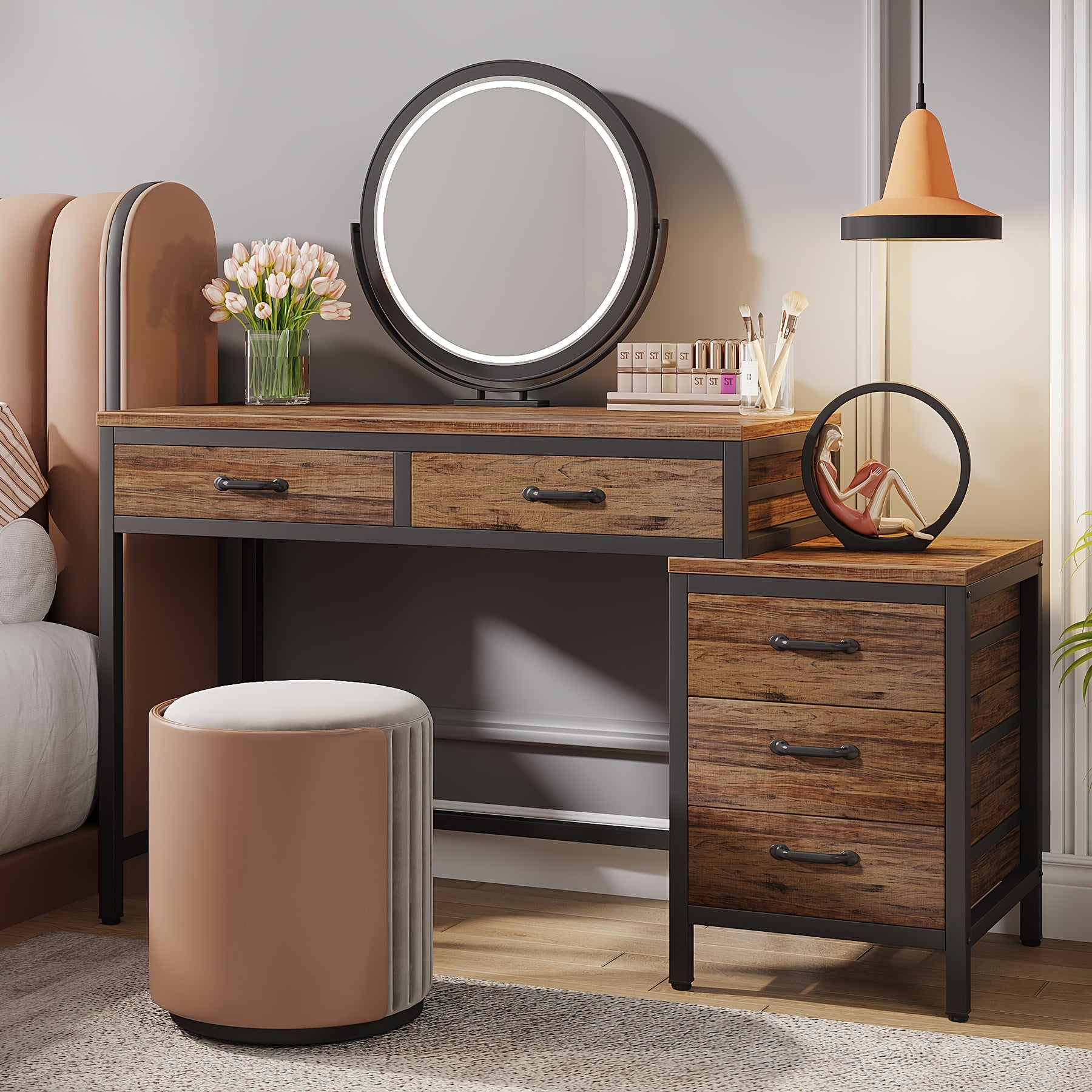 LITTLE TREE Vanity Desk with 5 Drawers, Makeup Vanity Table Dressing Table with Side 3-Drawer Chest, Make Up Vanities for Women, Girls (Without Mirror)