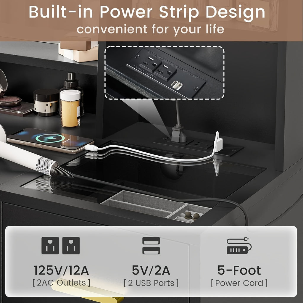 Makeup Vanity Desk with Mirror&5 Drawers, Black Vanity Table with Charging Station and Chair and Storage Shelves for Women Girls