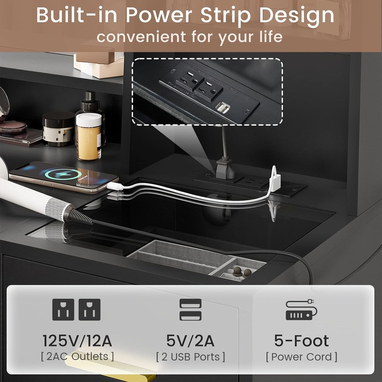 Makeup Vanity Desk with Mirror&5 Drawers, Black Vanity Table with Charging Station and Chair and Storage Shelves for Women Girls