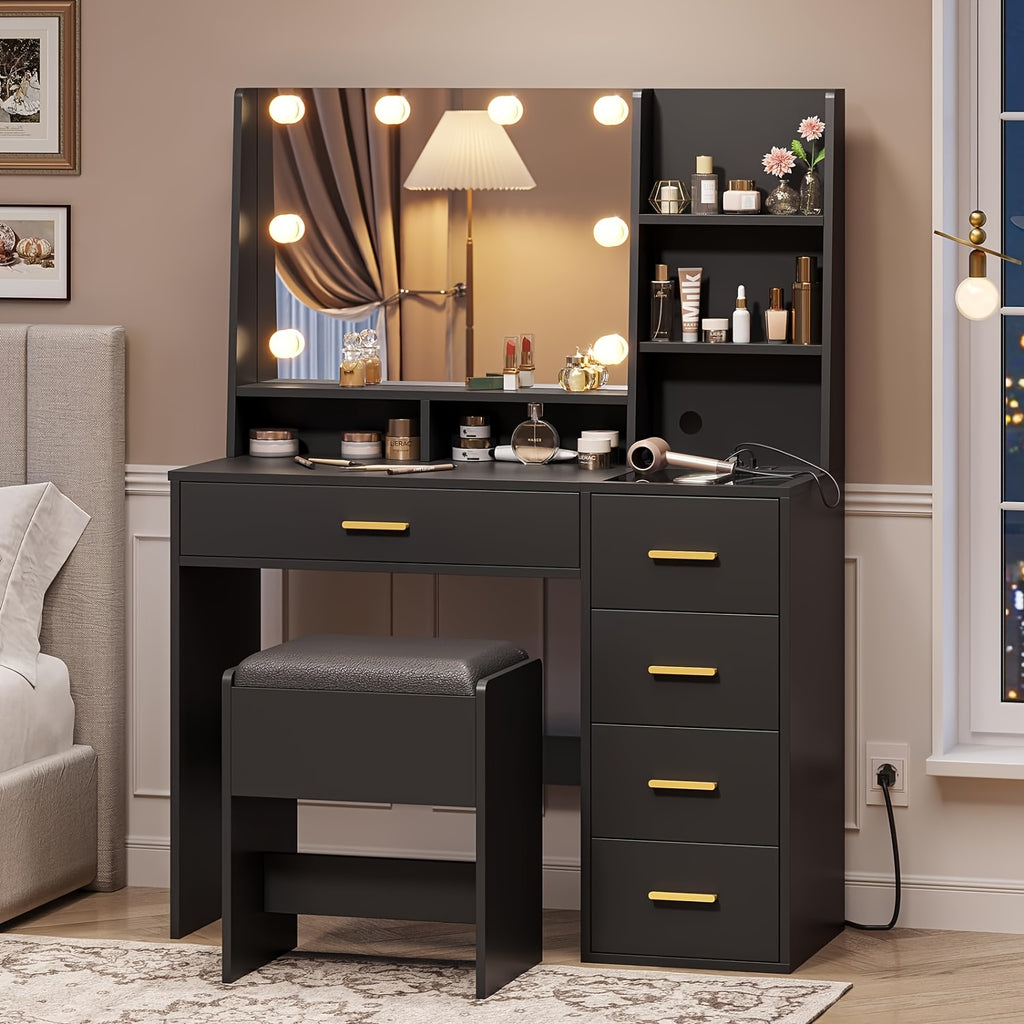 Makeup Vanity Desk with Mirror&5 Drawers, Black Vanity Table with Charging Station and Chair and Storage Shelves for Women Girls