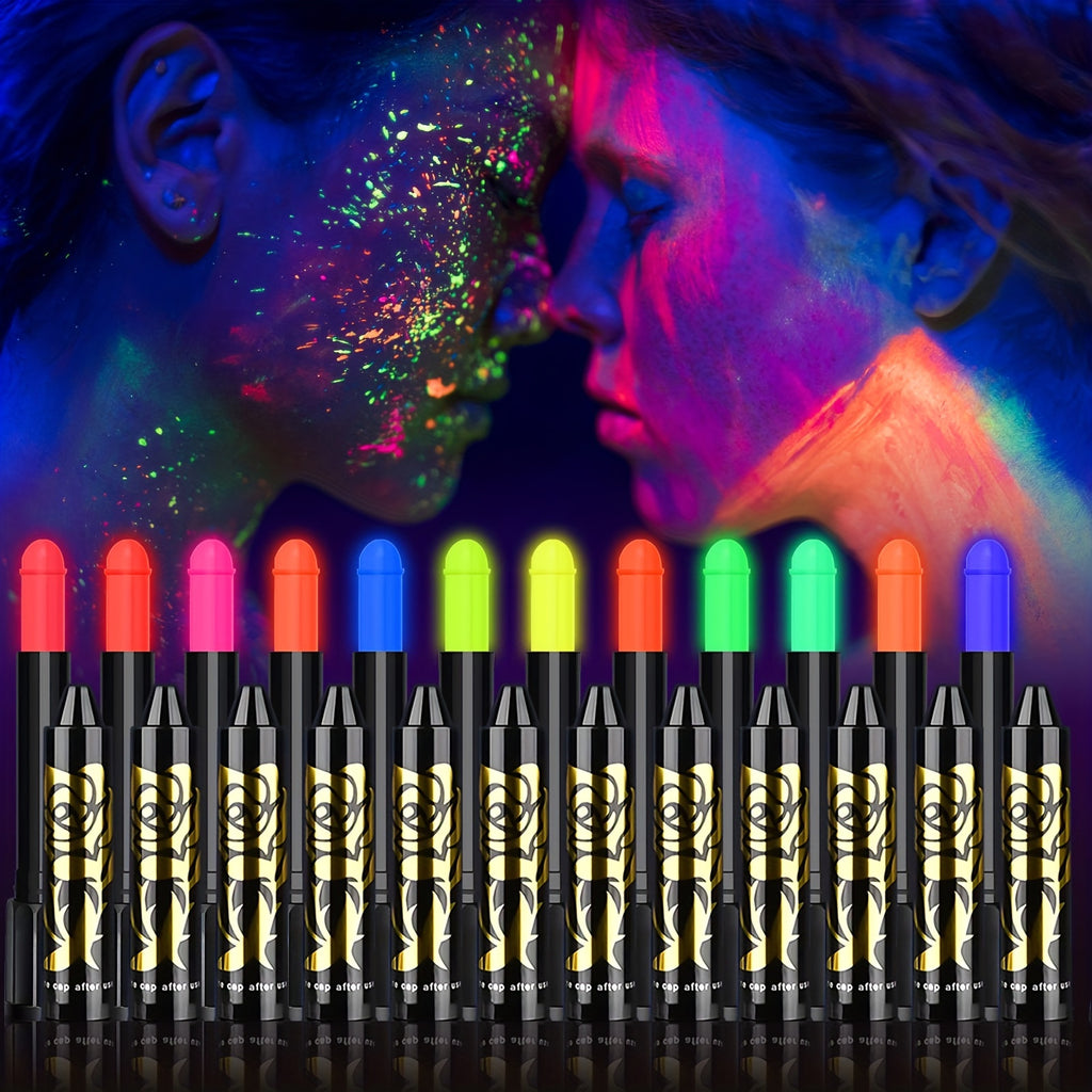 12 Pcs Bright UV Blacklight Face Paint Neon Makeup Fluorescent, Face Paint Kit Water Reactive Glow Face Paint Crayons Safe Body Painting For Special Make Up For Music Festival