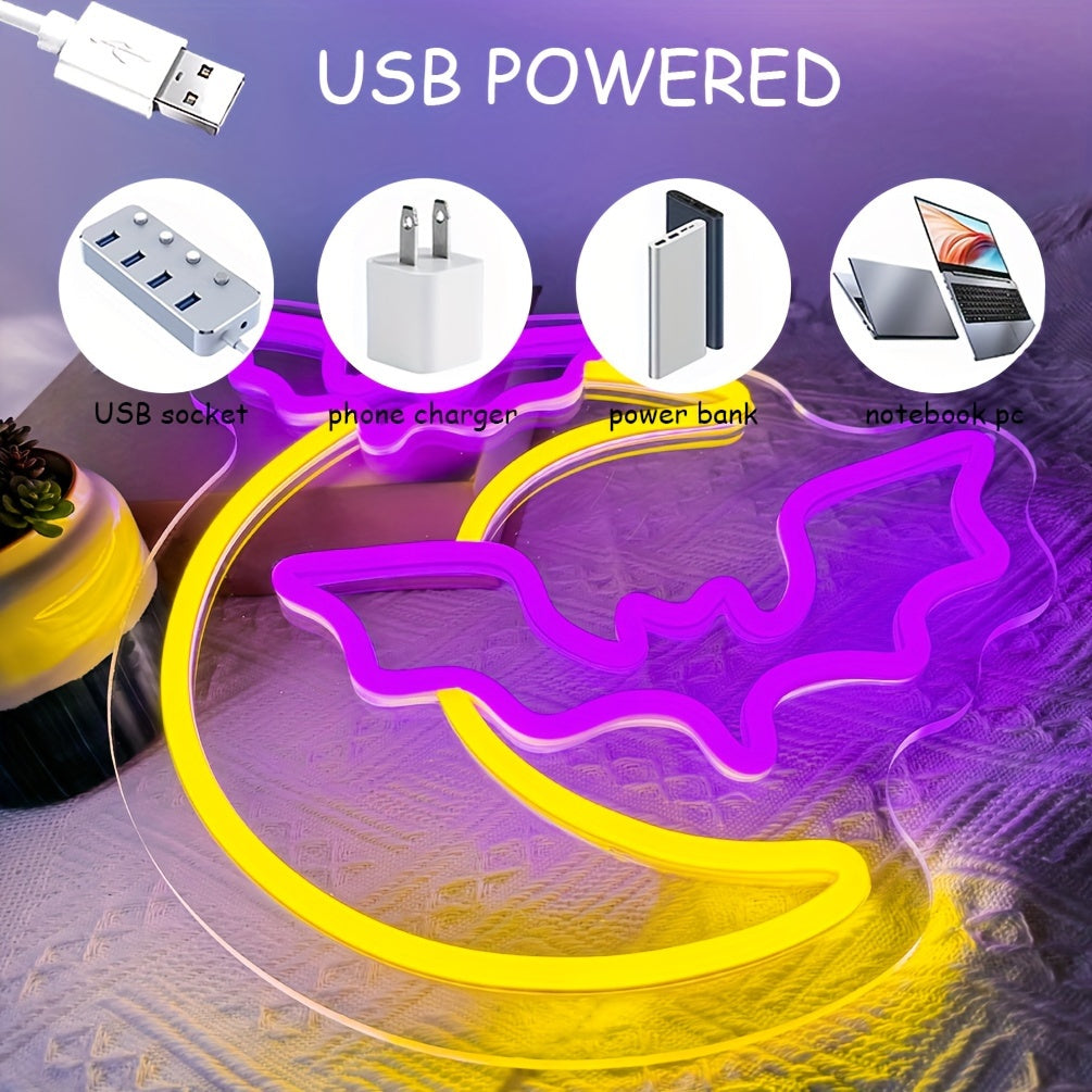 1pc Halloween Decorations Neon Signs, Moon And Bat LED Light, Neon Light Up Halloween Party, USB Powerd Gothic Neon Lamp For Festival Wall Decor, Bar, Bedroom