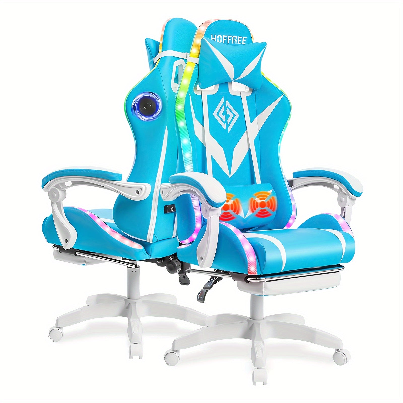 HOFFREE 2 Point Massage Lumbar Support 135° LED Light Bar Wireless Speaker - Ergonomic Gaming Chair With USB-Powered, Sponge-Filling, Rotating Back & Cushioned Seat For PC, Laptop, Gaming Setup, Wireless Gaming Chair, Comfor