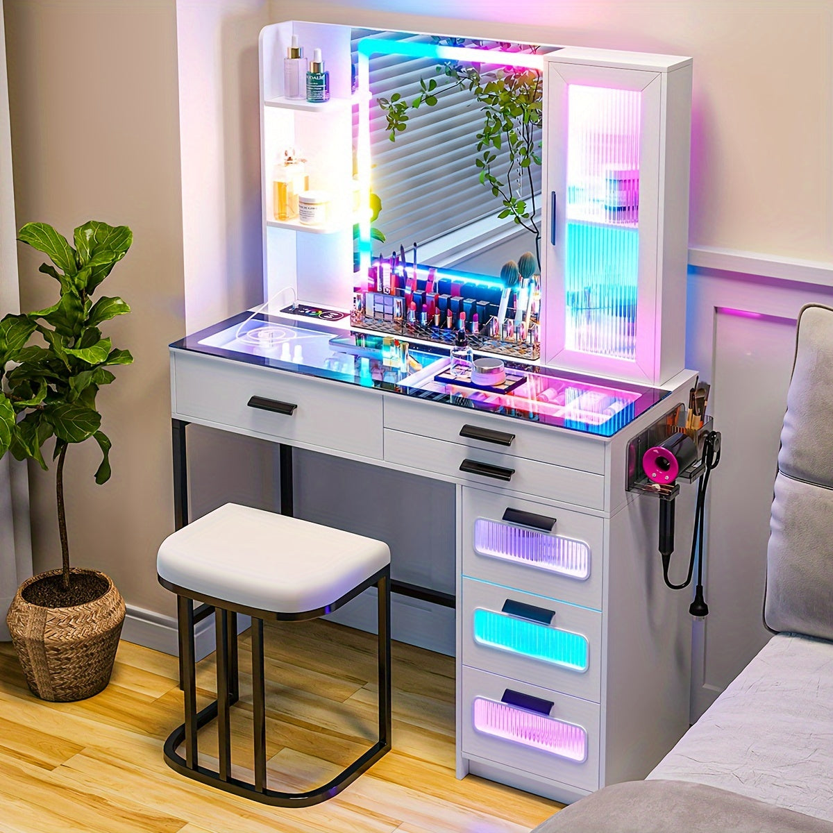 Vanity Desk Set with 6 Drawers and Stool - Makeup Vanity Table with Dazzling RGB Lights, Glass Top, USB/Type-C/Wireless Charging, and Large Mirror - Perfect Gift for Girls and Women, Jewelry and Beauty Enthusiasts