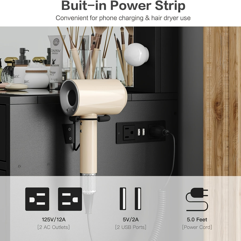 1 Set 11 Drawers with 12 LED Lights Makeup Vanity Table Set with Chair, Black Vanity Table With Lighted Mirror, Makeup Desk Dressing Table With Storage Drawers And Cushioned Stool For Bedroom, Vanity Set 3 Lighting Modes Brig