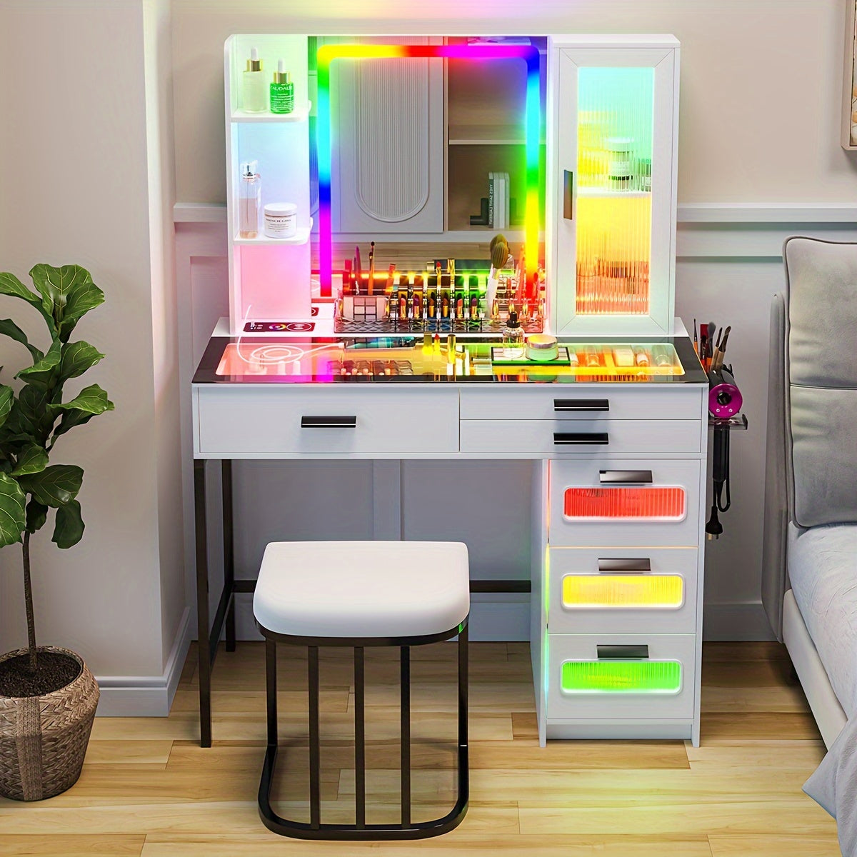 Vanity Desk Set with 6 Drawers and Stool - Makeup Vanity Table with Dazzling RGB Lights, Glass Top, USB/Type-C/Wireless Charging, and Large Mirror - Perfect Gift for Girls and Women, Jewelry and Beauty Enthusiasts