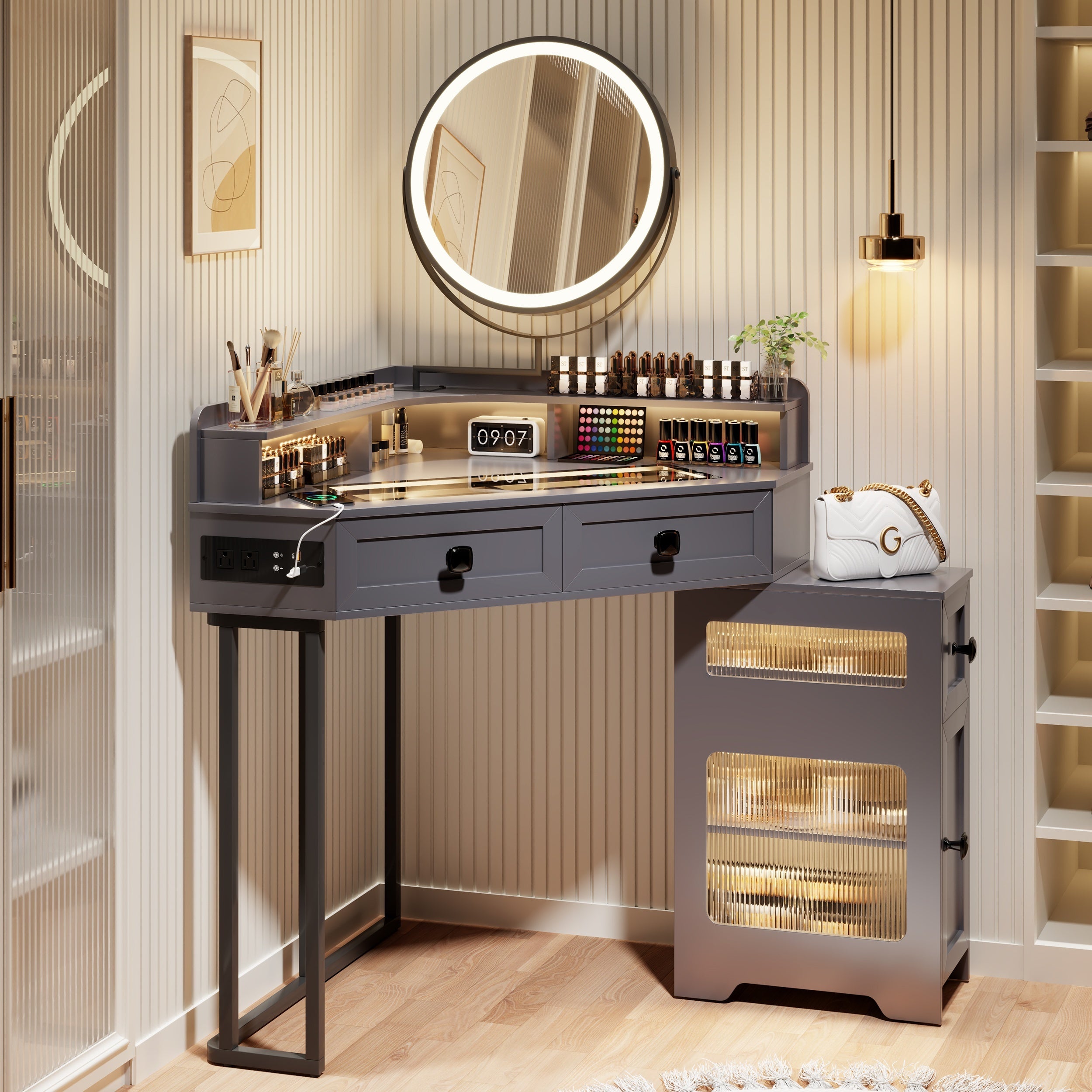 [Corner Vanity With Mirror Lights] FREDEES Corner Vanity With Mirror And Lights, Modern Makeup Vanity Set With Charging Station For Bedroom/Cloakroom, Glass Top Vanity Table With Drawers And Shelves, Grey