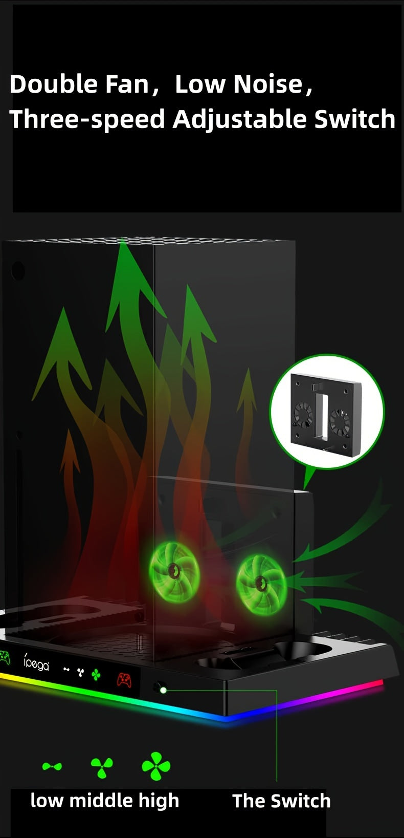 For Xbox Series X Cooling Stand Controller Gamepad Charge Seat For XBX With Headphone Hook And Game Discs Card Slot RGB Light Double Fan