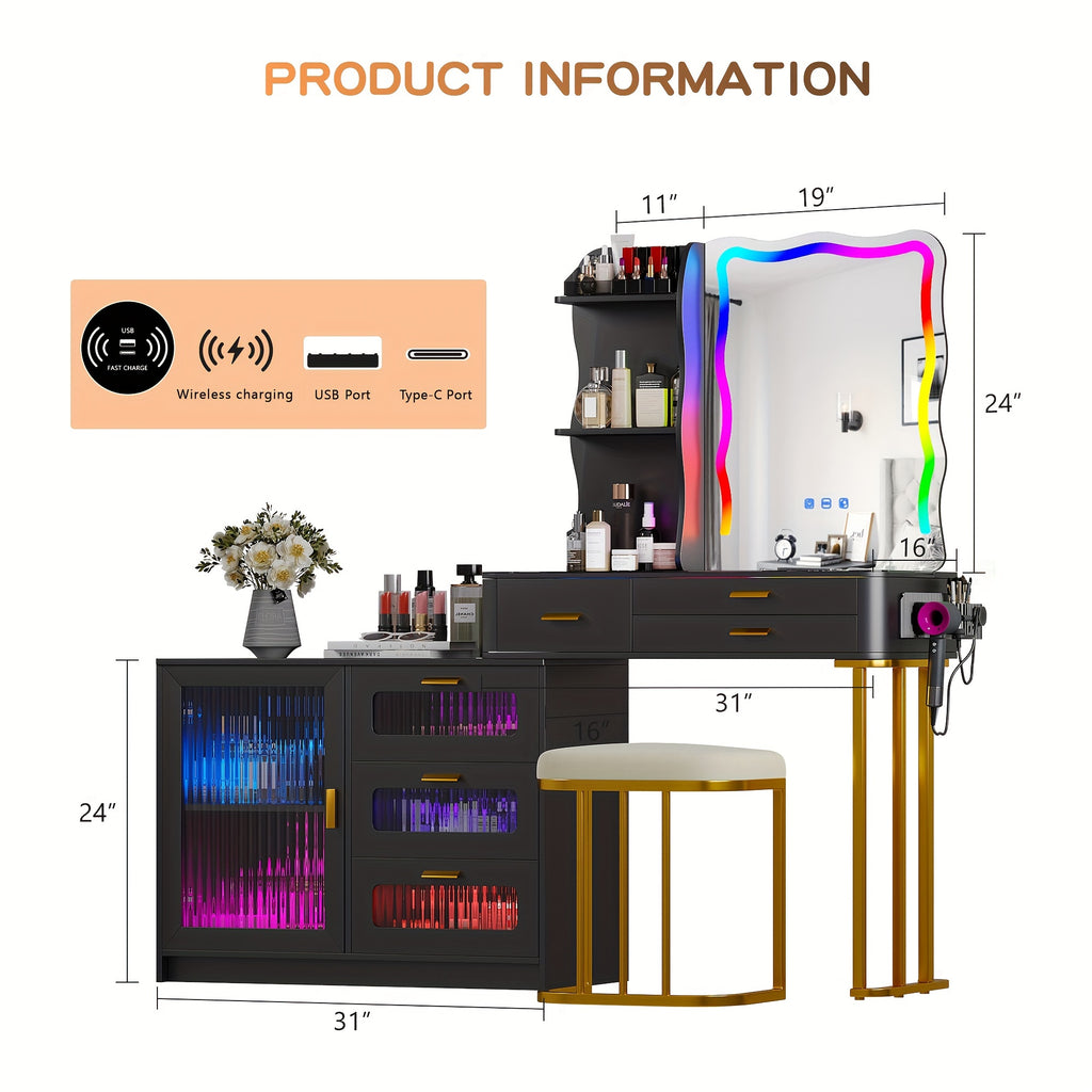 Lvifur RGB Makeup Vanity Desk with Lights, Glass Top Vanity Table with 24 Color Dimmable Lights, Large Vanity Set with 8 Drawers, Dressing Table with Cushioned Stool, Black
