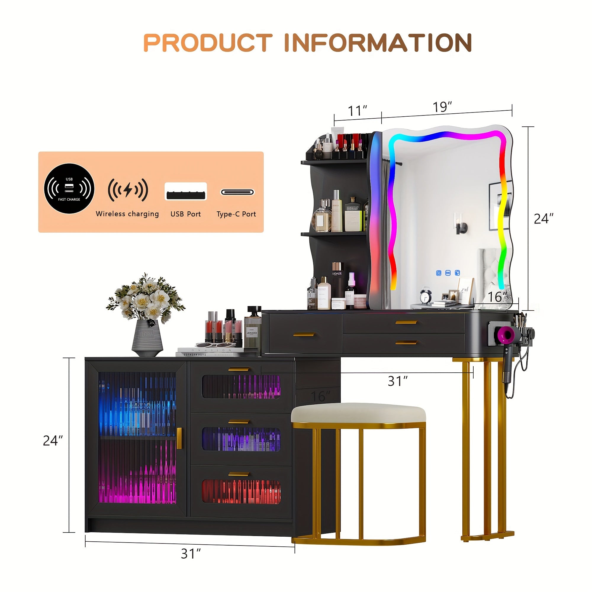 Lvifur RGB Makeup Vanity Desk with Lights, Glass Top Vanity Table with 24 Color Dimmable Lights, Large Vanity Set with 8 Drawers, Dressing Table with Cushioned Stool, Black