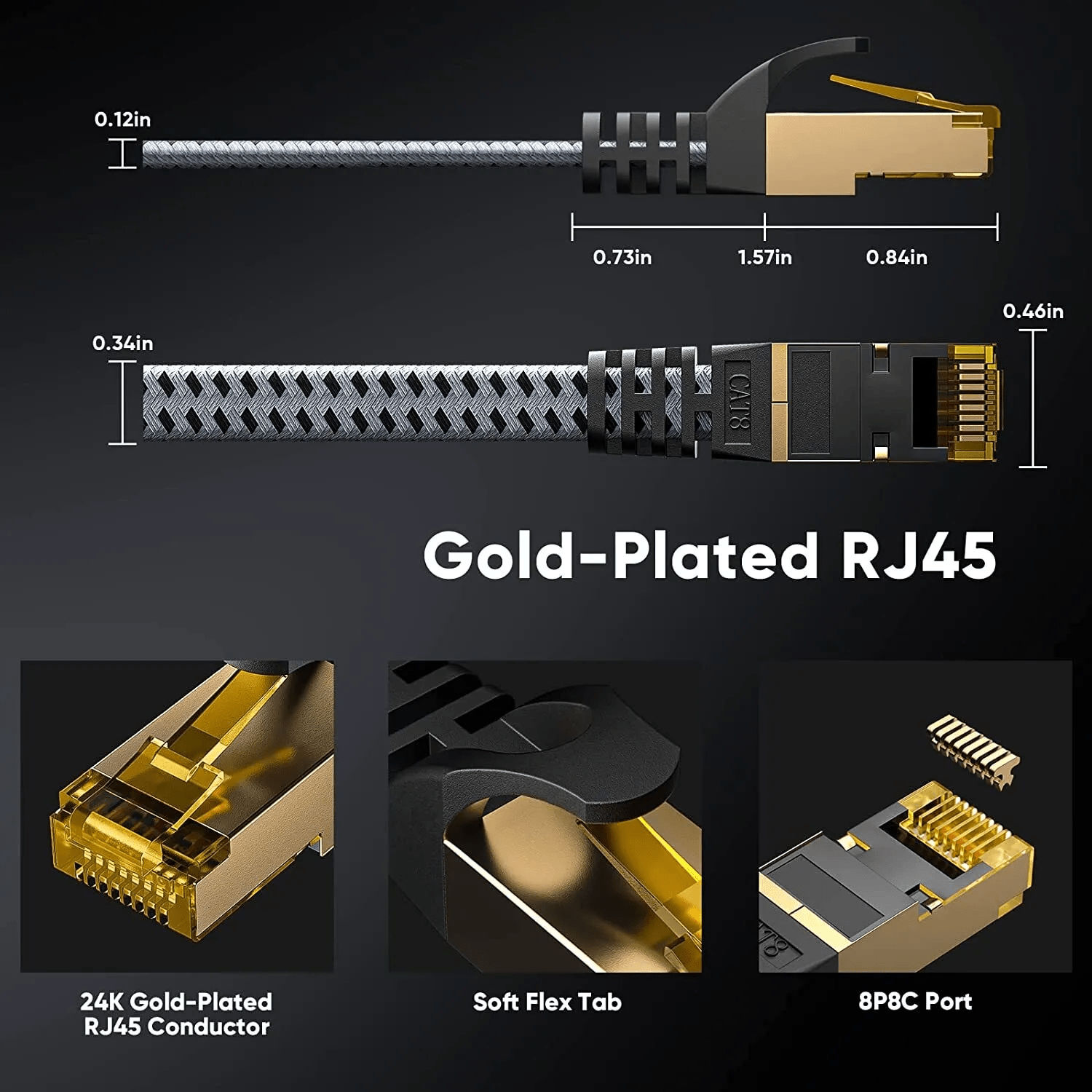 Modern Cat 8 Ethernet Cable Nylon Braided High Speed Heavy Duty Cat8 Network LAN Patch Cord 40Gbps 2000Mhz SFTP RJ45 Flat Internet Cable Shielded in Wall Indoor & Outdoor for Modem Router Gaming PC