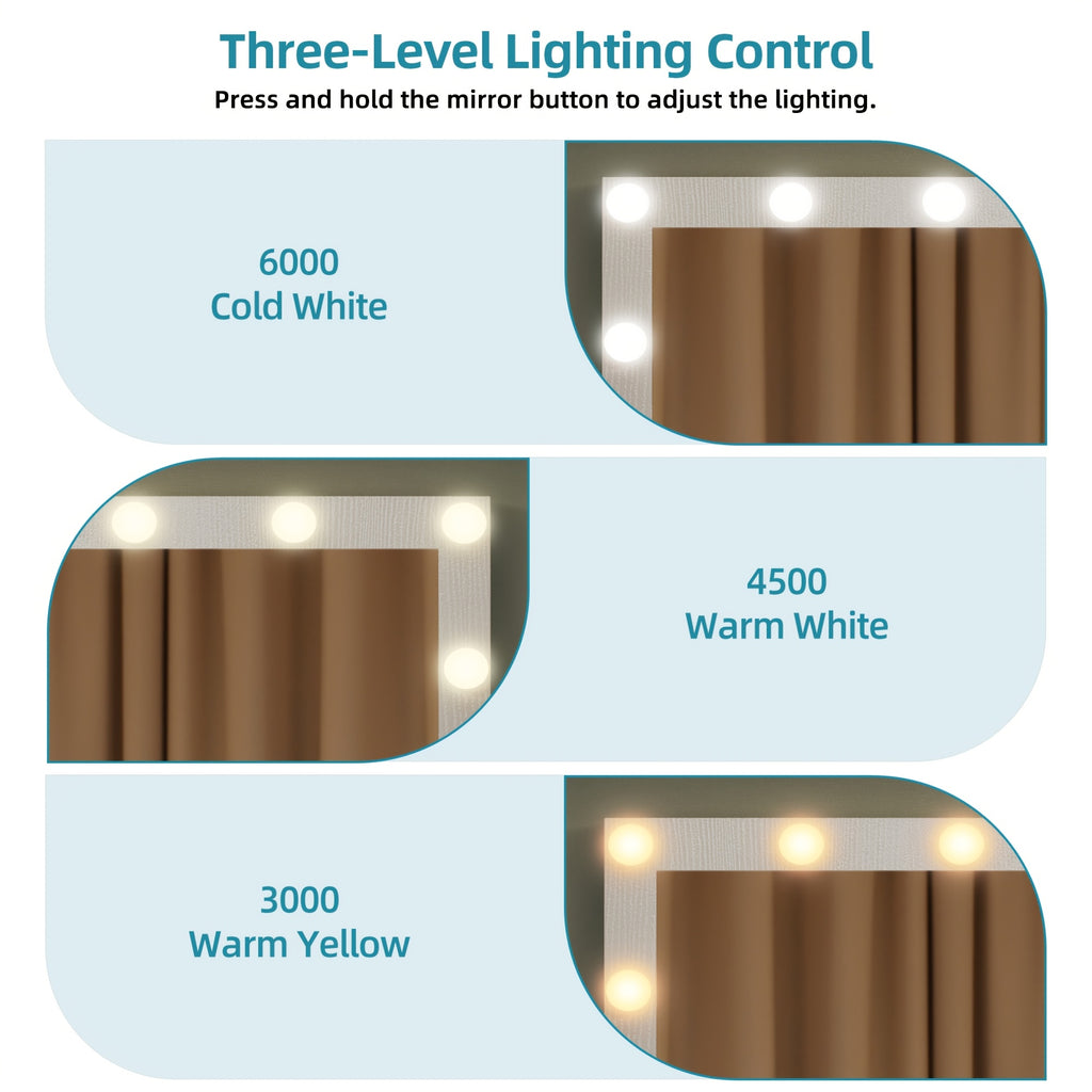 Xelsyo Vanity Table Set with 3 Color Lighted Mirror & 8 Drawers, Modern Makeup Desk with Charging Station & Stool, Makeup Vanity Dressing Table for Bedroom for Women Girls, White & Gold