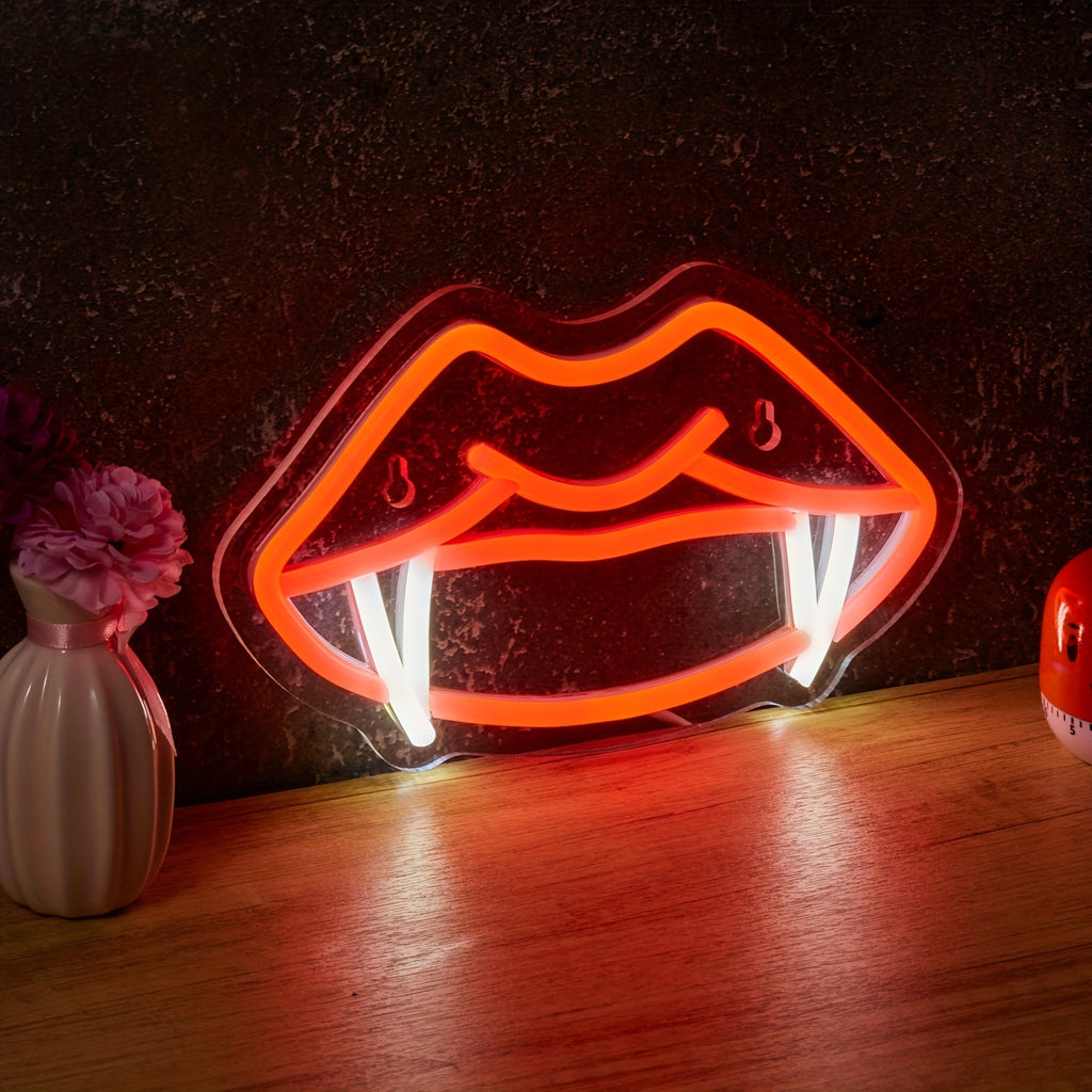 1pc Backboard Led Neon Light, Teeth Mouth Cool Fangs Man Cave Decor, Neon Powered By USB 5V