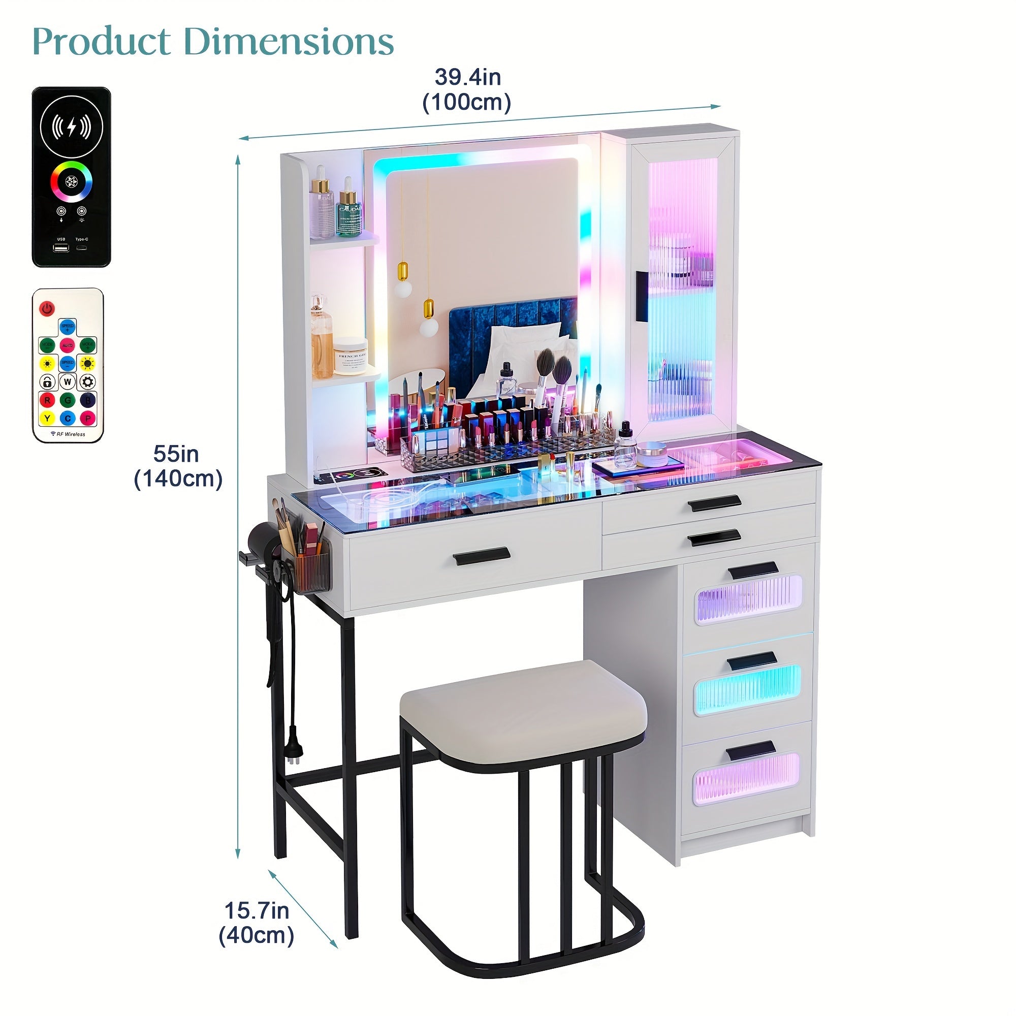 Vanity Desk Set with 6 Drawers and Stool - Makeup Vanity Table with Dazzling RGB Lights, Glass Top, USB/Type-C/Wireless Charging, and Large Mirror - Perfect Gift for Girls and Women, Jewelry and Beauty Enthusiasts