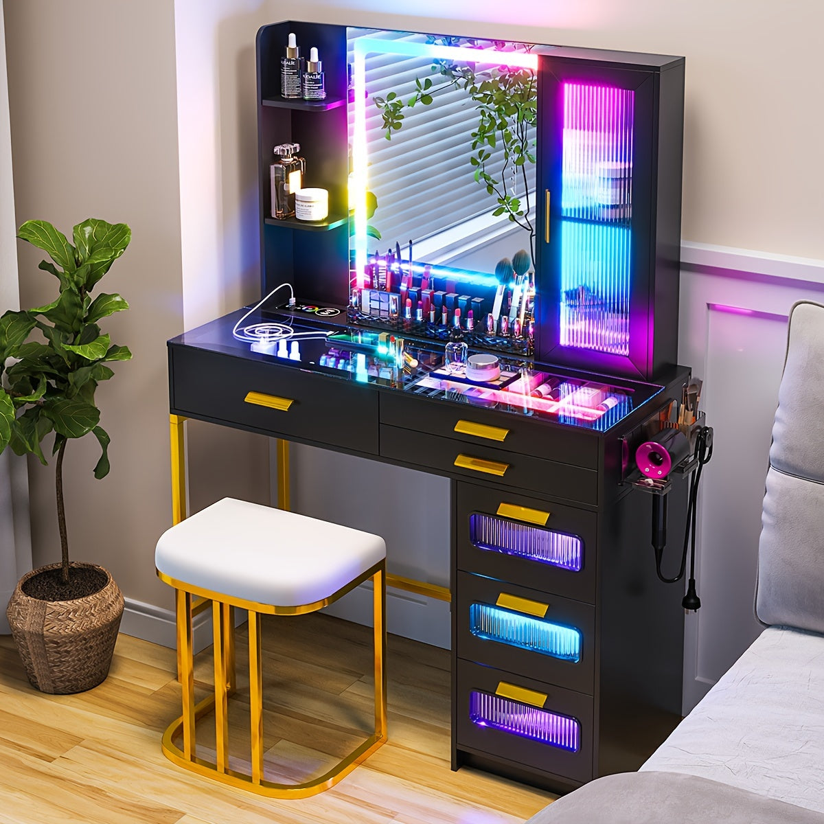Vanity Desk Set with 6 Drawers and Stool - Makeup Vanity Table with Dazzling RGB Lights, Glass Top, USB/Type-C/Wireless Charging, and Large Mirror - Perfect Gift for Girls and Women, Jewelry and Beauty Enthusiasts