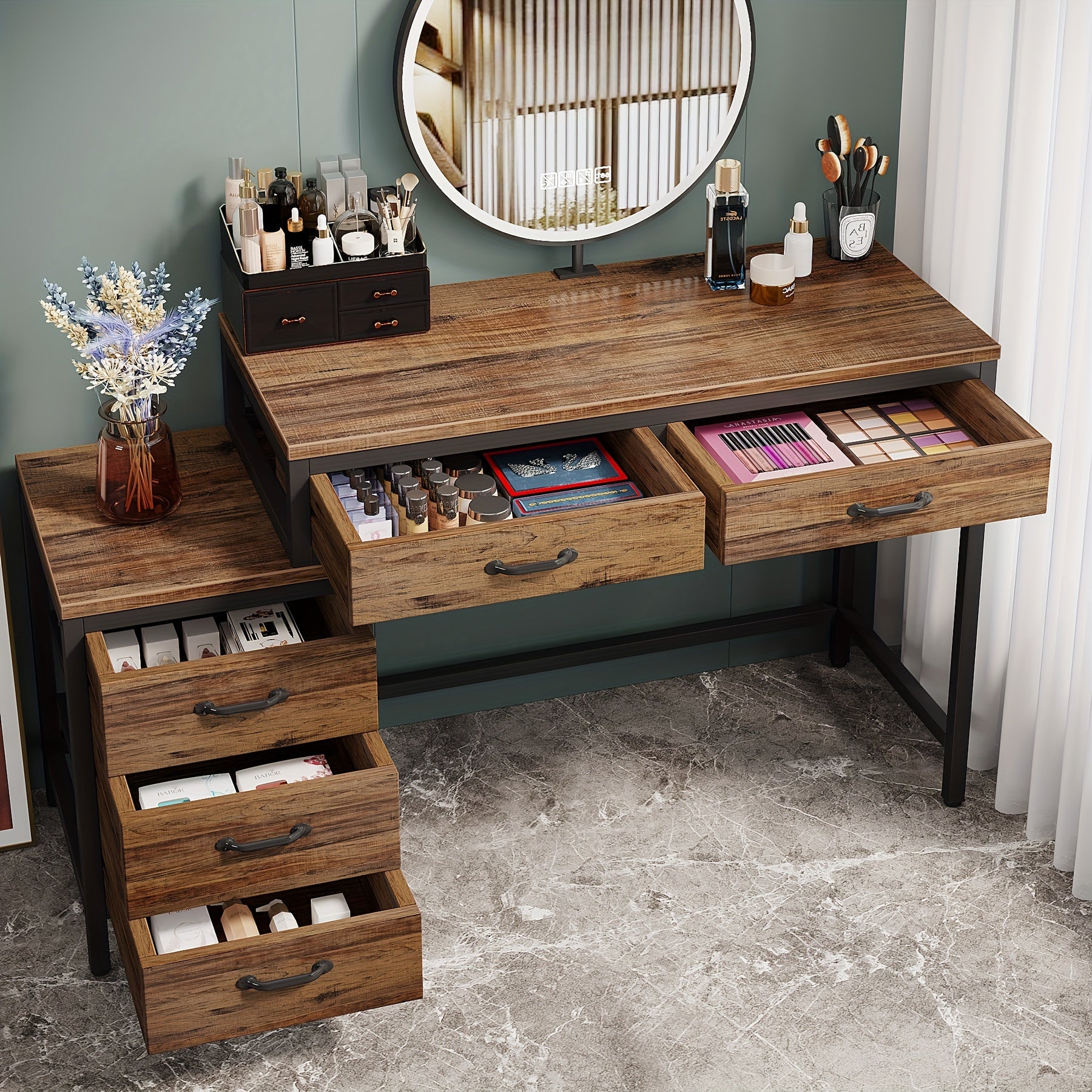 LITTLE TREE Vanity Desk with 5 Drawers, Makeup Vanity Table Dressing Table with Side 3-Drawer Chest, Make Up Vanities for Women, Girls (Without Mirror)