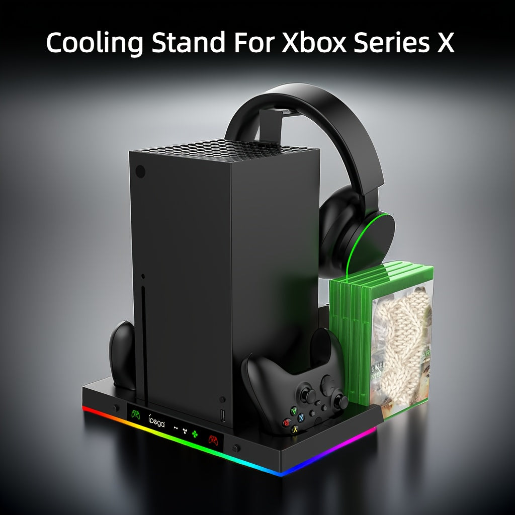 For Xbox Series X Cooling Stand Controller Gamepad Charge Seat For XBX With Headphone Hook And Game Discs Card Slot RGB Light Double Fan