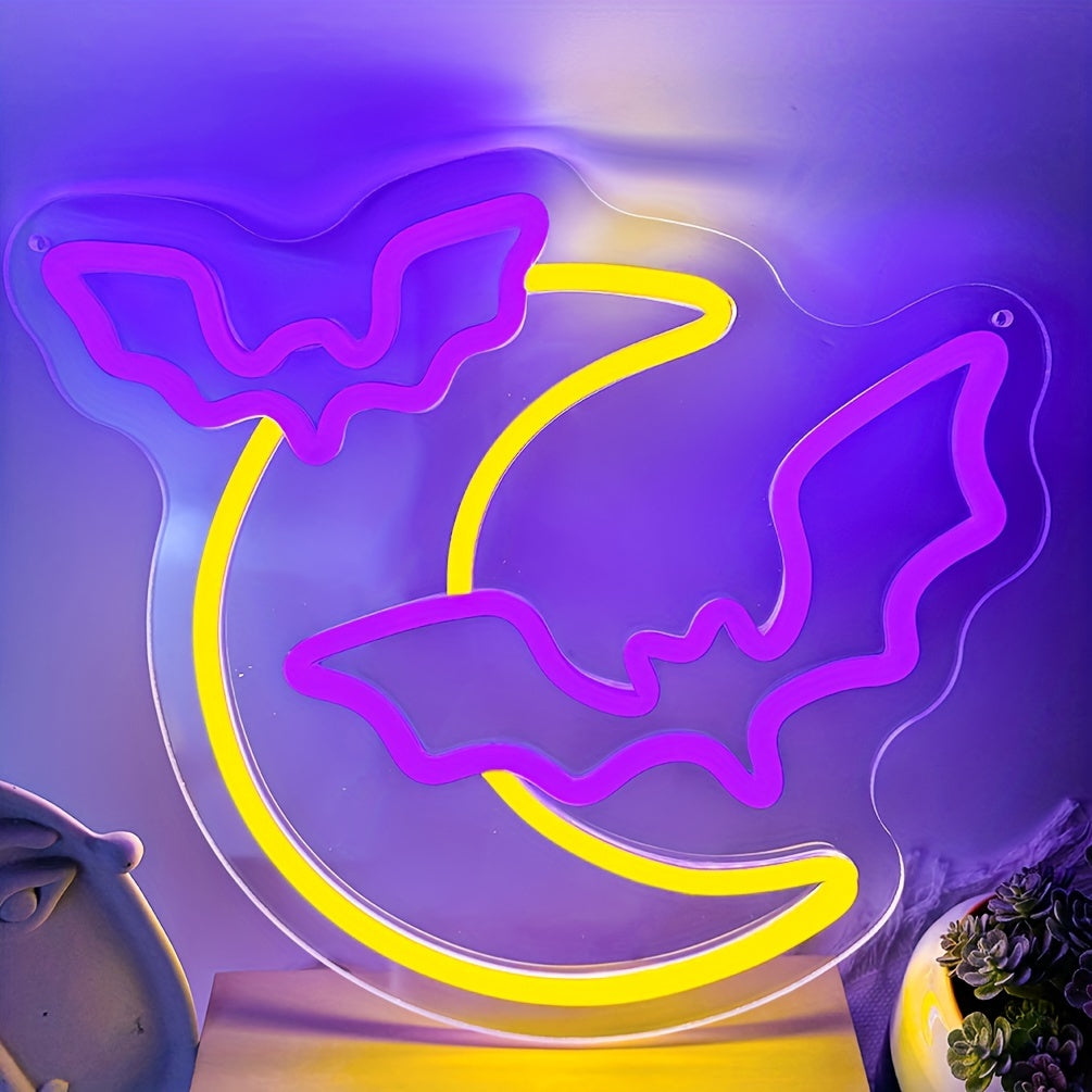 1pc Halloween Decorations Neon Signs, Moon And Bat LED Light, Neon Light Up Halloween Party, USB Powerd Gothic Neon Lamp For Festival Wall Decor, Bar, Bedroom