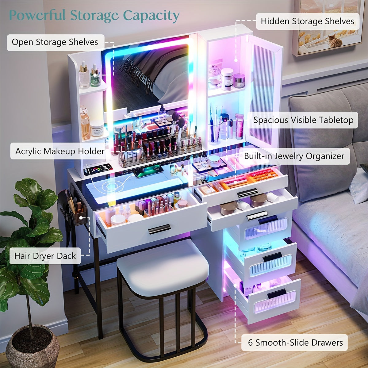 Vanity Desk Set with 6 Drawers and Stool - Makeup Vanity Table with Dazzling RGB Lights, Glass Top, USB/Type-C/Wireless Charging, and Large Mirror - Perfect Gift for Girls and Women, Jewelry and Beauty Enthusiasts