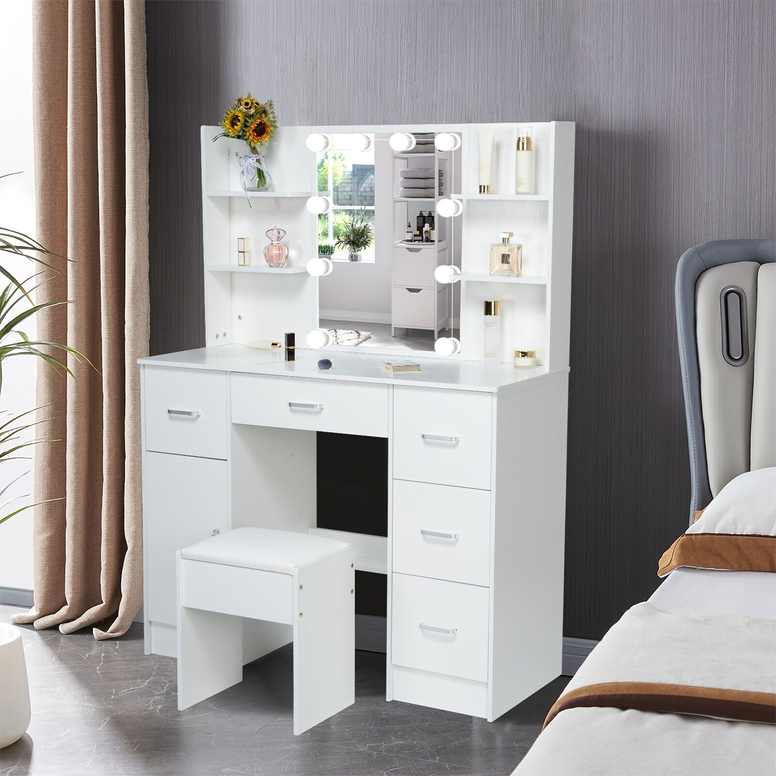 1 Set Vanity Desk With Mirror & Light, Large Makeup Vanity With Drawers And Open Shelves, Vanity Table With Cushioned Stool, 3 Lighting Colors Modern Dressing Table Vanity Set For Bedroom