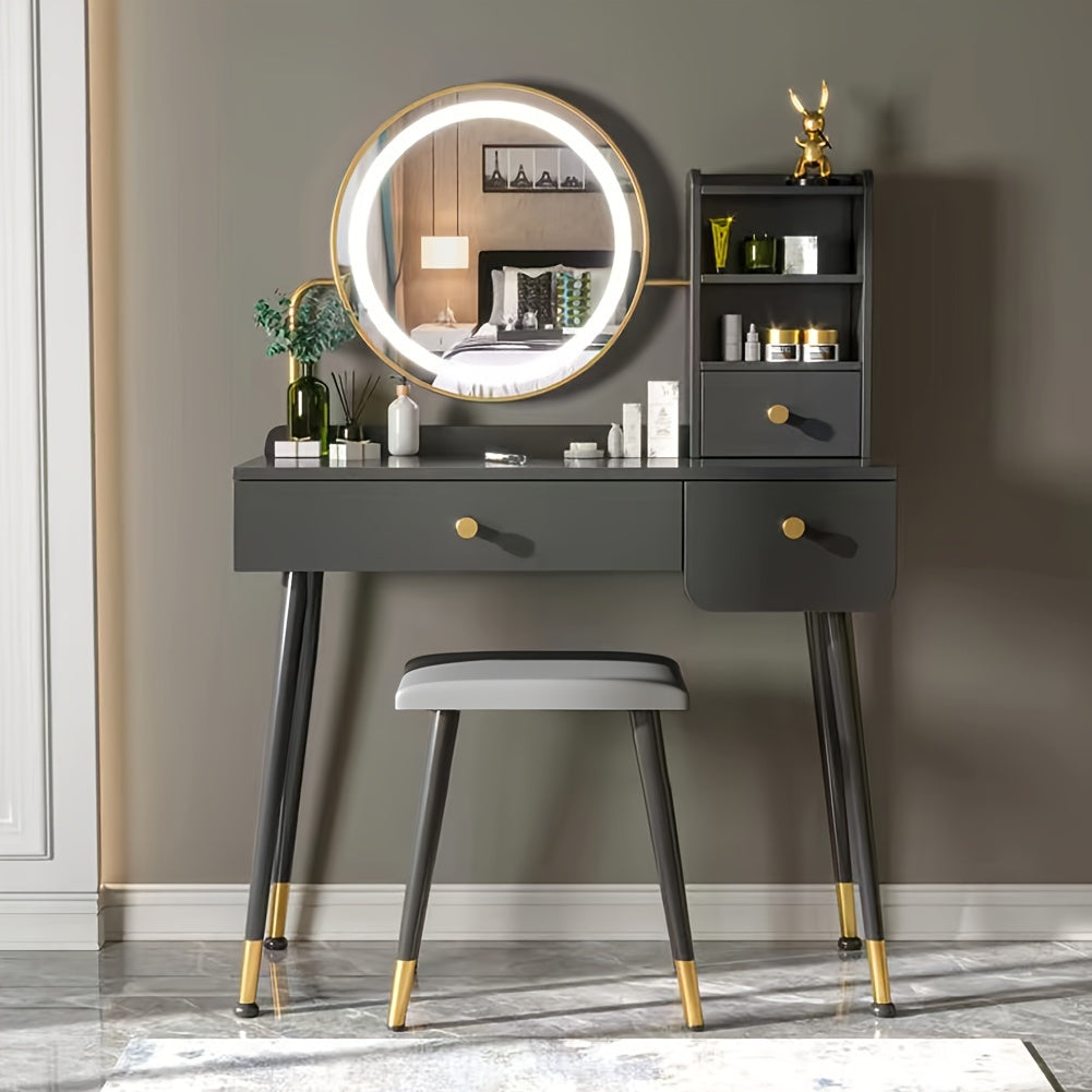Chrangmay Makeup Vanity Desk with Mirror and Lights, Vanity Table Set with Storage Drawer & Chair & 3 Shelves, Bedroom