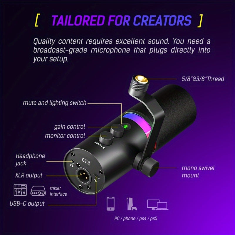 SDM70 XLR/USB Dynamic Microphone, RGB Podcast Mic with Software for Streaming, Gaming, Recording, Voice-Over, Metal Microphone with Mute Eid Al-Adha Mubarak