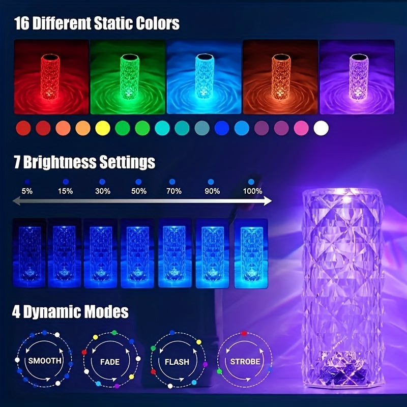 1pc 16 Color Crystal Table Lamp, RGB Rose Touch Lamp, Color Changing Night Light, For Bedroom/Living Room/Party Dinner Decor Creative Lightsy (Remote & Touch)