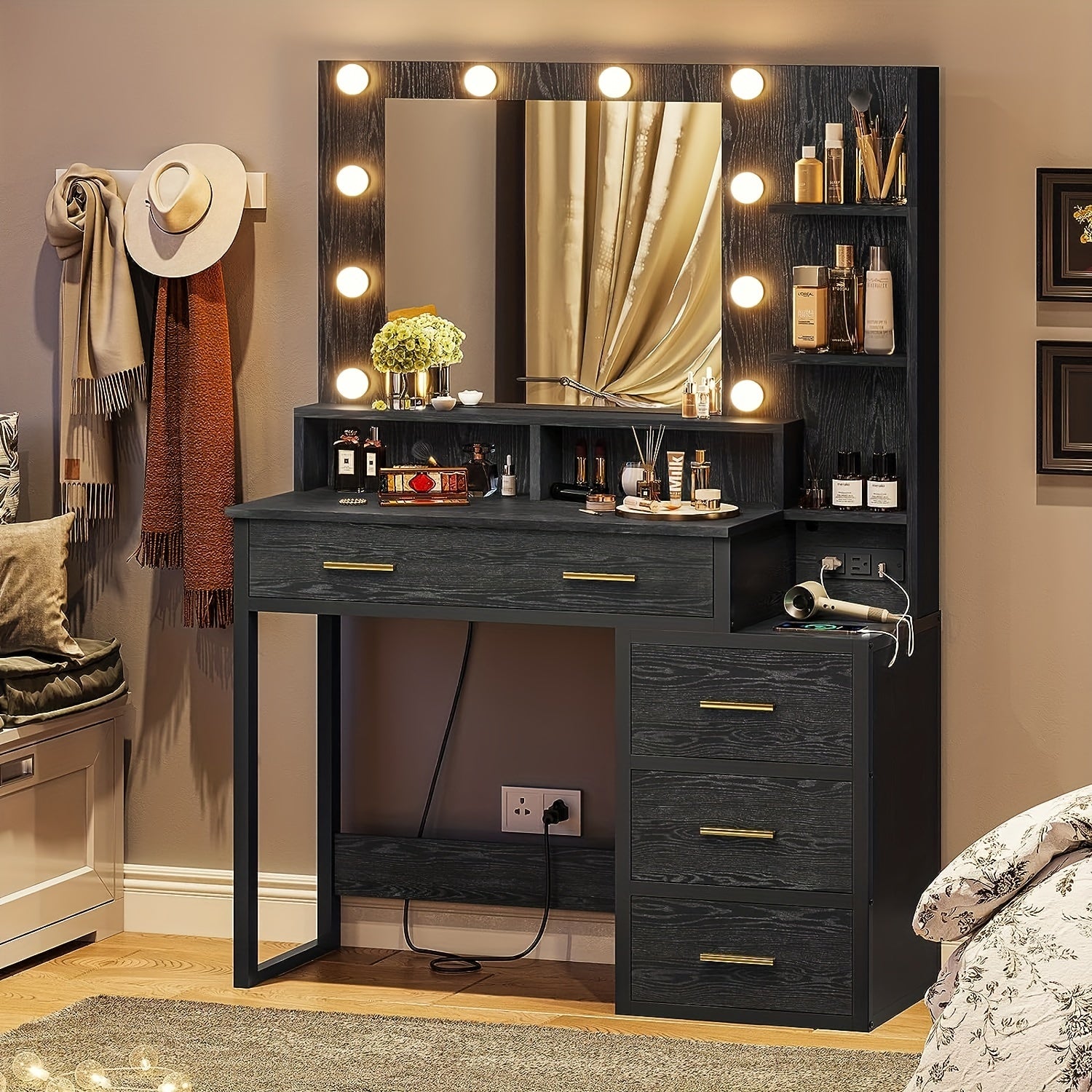 Luxurious Black Makeup Vanity Table with Storage - 3 Lighting Modes, USB Ports, Outlets, and Spacious Drawers - Perfect for Beauty Enthusiasts and Professionals