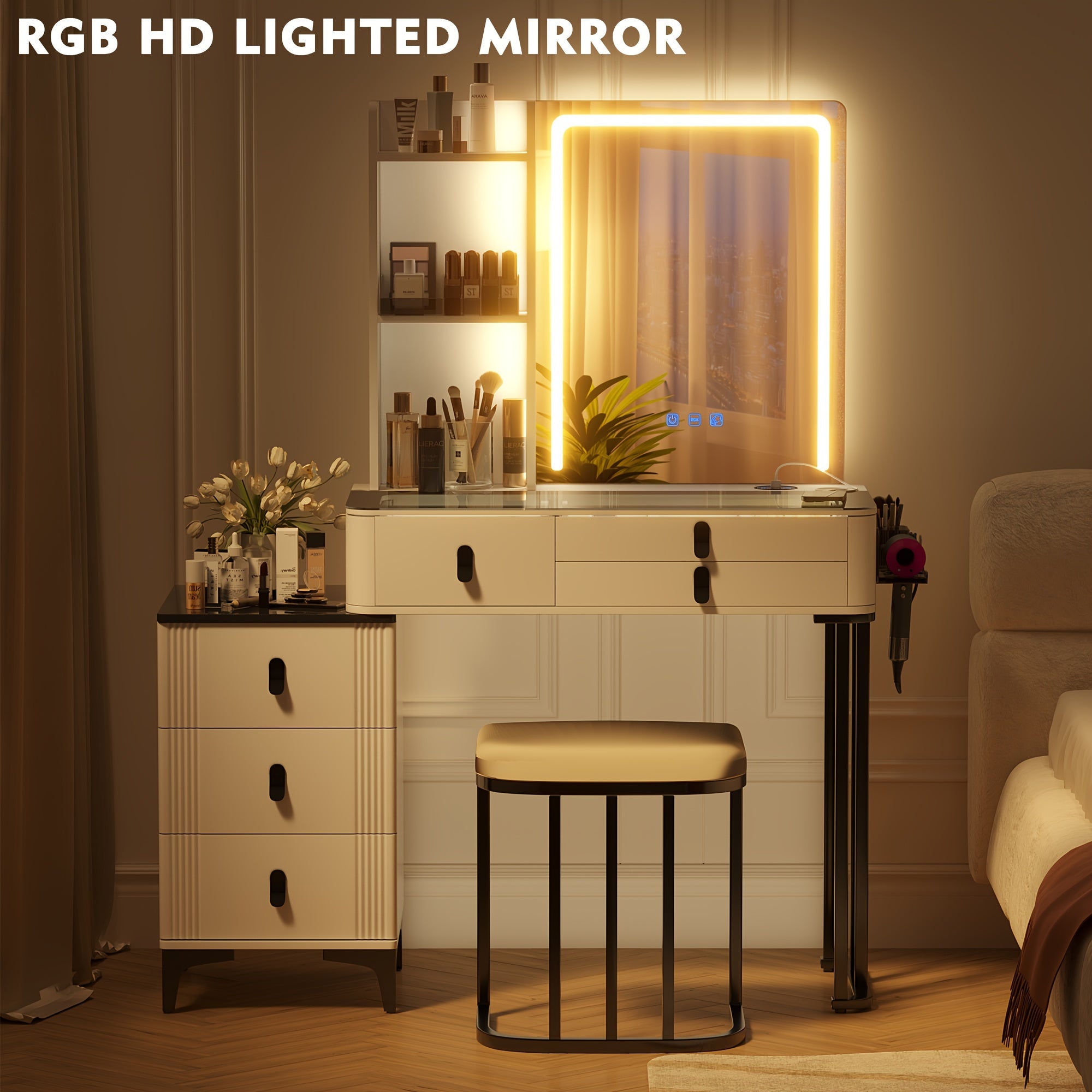 RGB Makeup Vanity Desk with Mirror and Lights, 7 Dynamic&7 Static Dimmable Vanity Table Set with Wireless Charging Station, Make up Vanity with Stool, Glass Top, 3-Tier Shelf, 6 Drawers