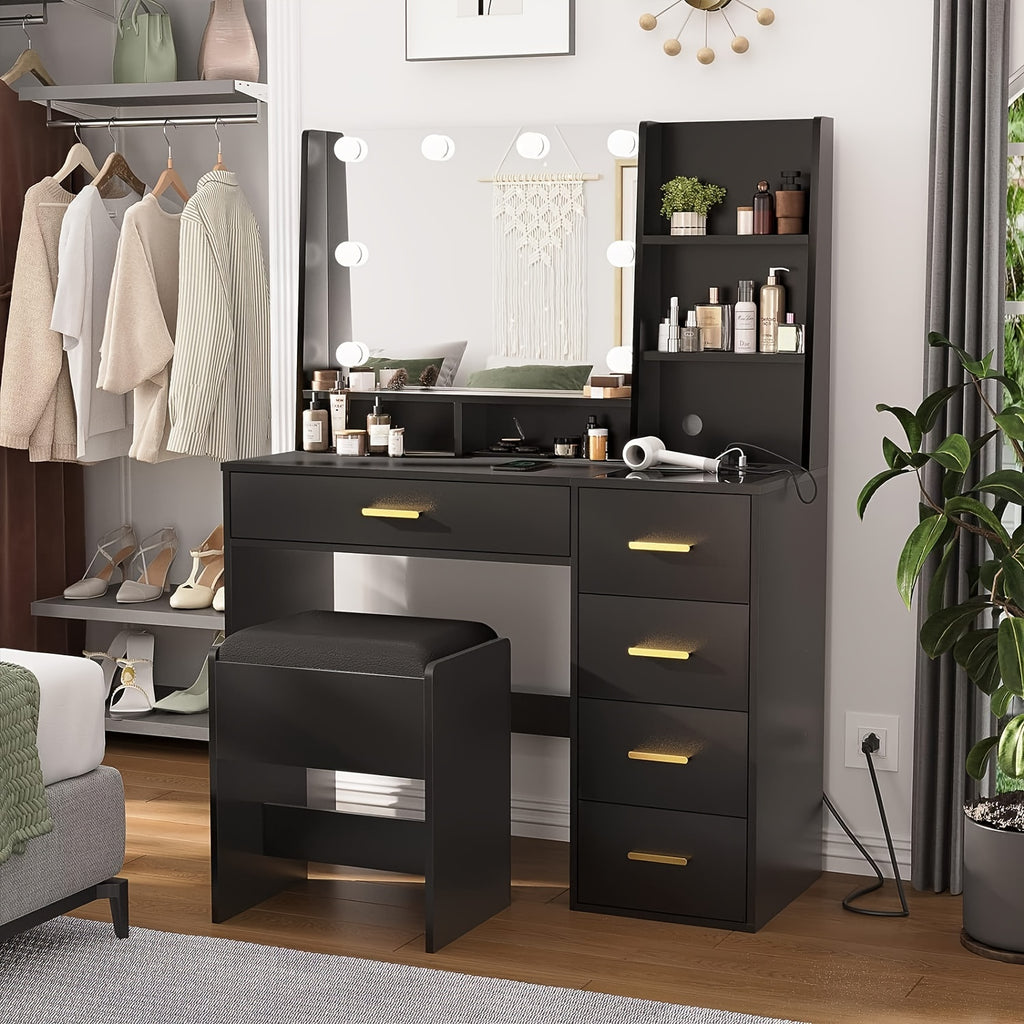 Makeup Vanity Desk with Mirror&5 Drawers, Black Vanity Table with Charging Station and Chair and Storage Shelves for Women Girls