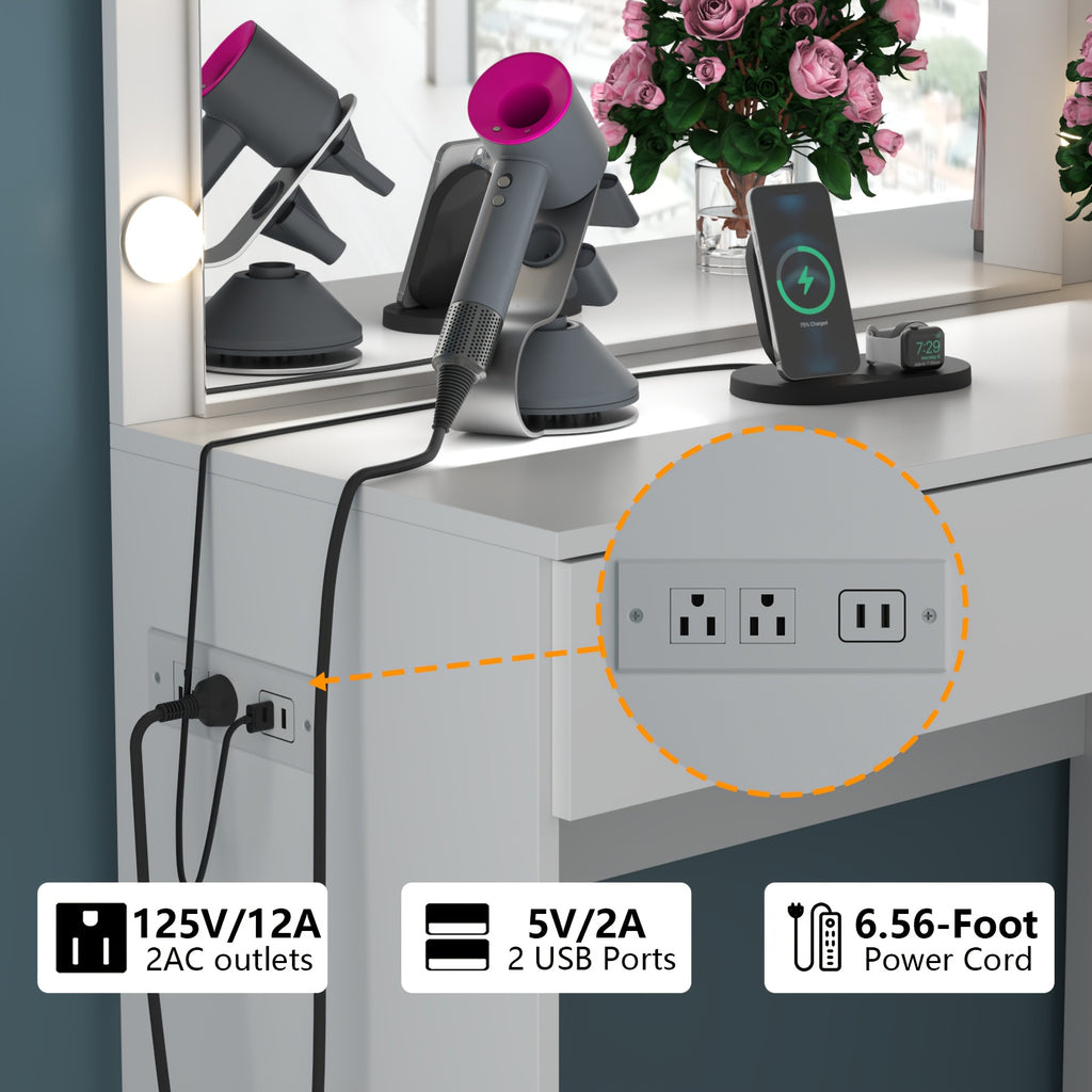 Vanity Desk with Lights, 6-Drawers Makeup Vanity Table with  Socket Outlet and Storage Shelves, Dressing Table with Lighted Mirror for Women Girls