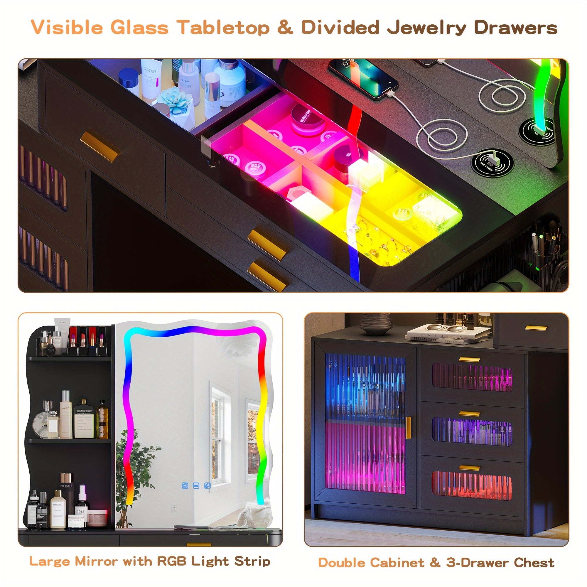 Lvifur RGB Makeup Vanity Desk with Lights, Glass Top Vanity Table with 24 Color Dimmable Lights, Large Vanity Set with 8 Drawers, Dressing Table with Cushioned Stool, Black