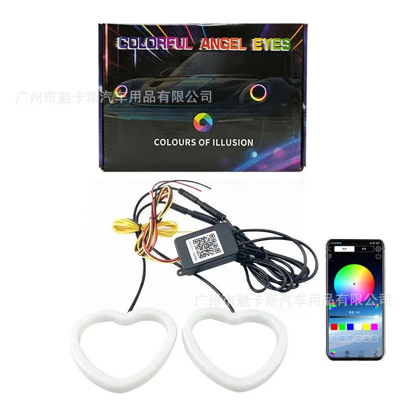 Car modification, color changing LED angel eyes, APP control, color changing daytime running lights, large light circle, univers